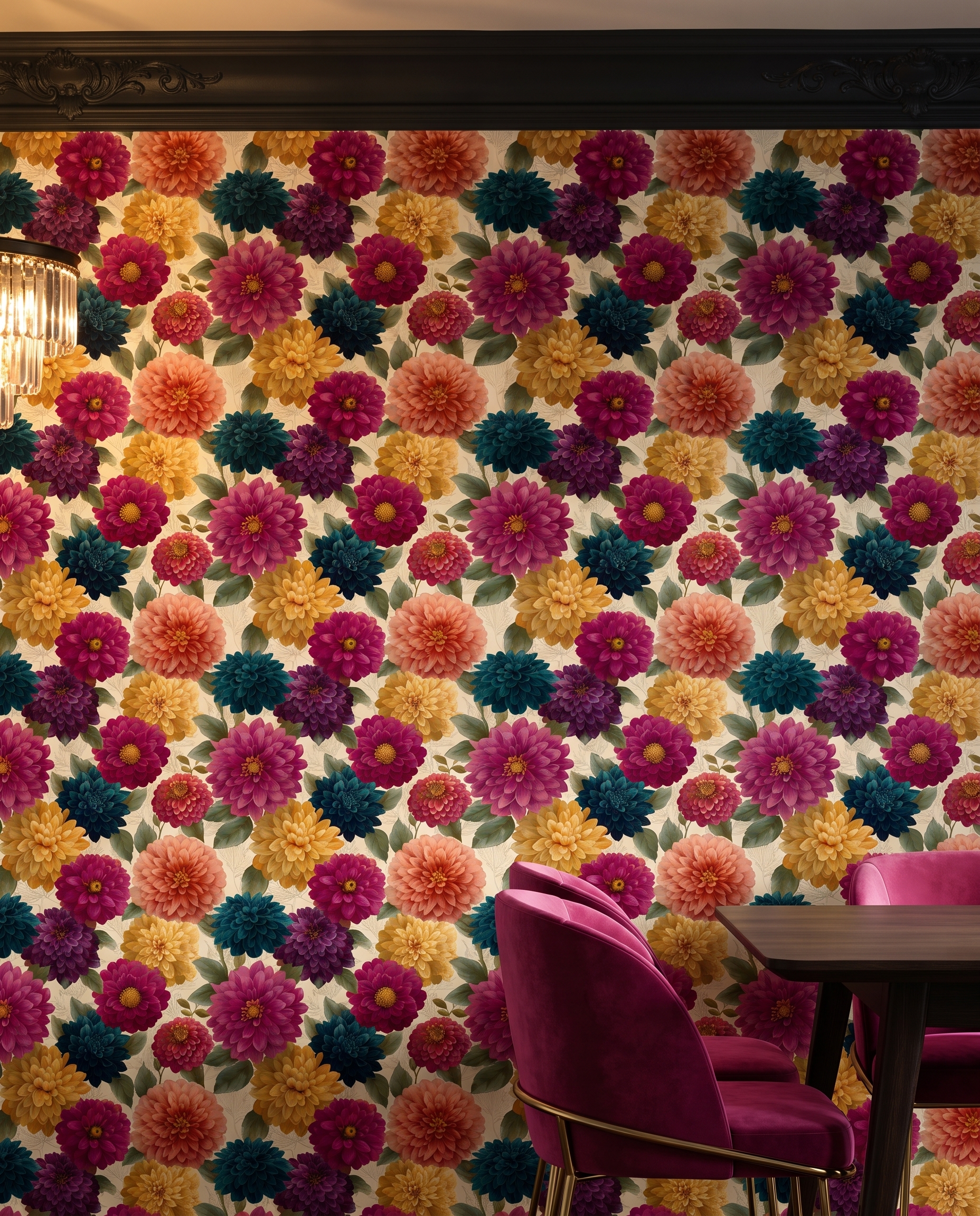 Jewel Tone Dahlia Wallpaper, Vintage Floral Garden, Removable Peel and Stick Wallpaper, Bold Bedroom or Living Room Accent Wall