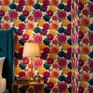 Jewel Tone Dahlia Wallpaper, Vintage Floral Garden, Removable Peel and Stick Wallpaper, Bold Bedroom or Living Room Accent Wall