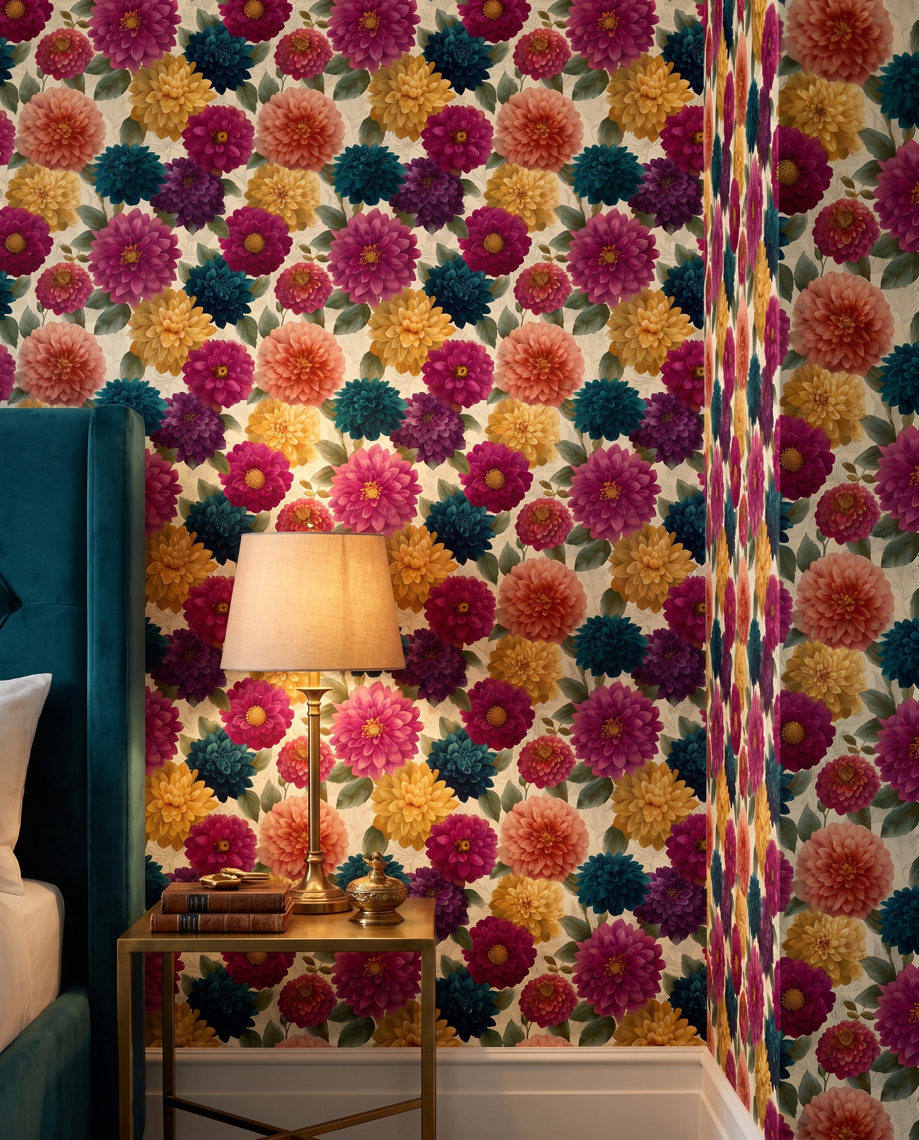 Jewel Tone Dahlia Wallpaper, Vintage Floral Garden, Removable Peel and Stick Wallpaper, Bold Bedroom or Living Room Accent Wall