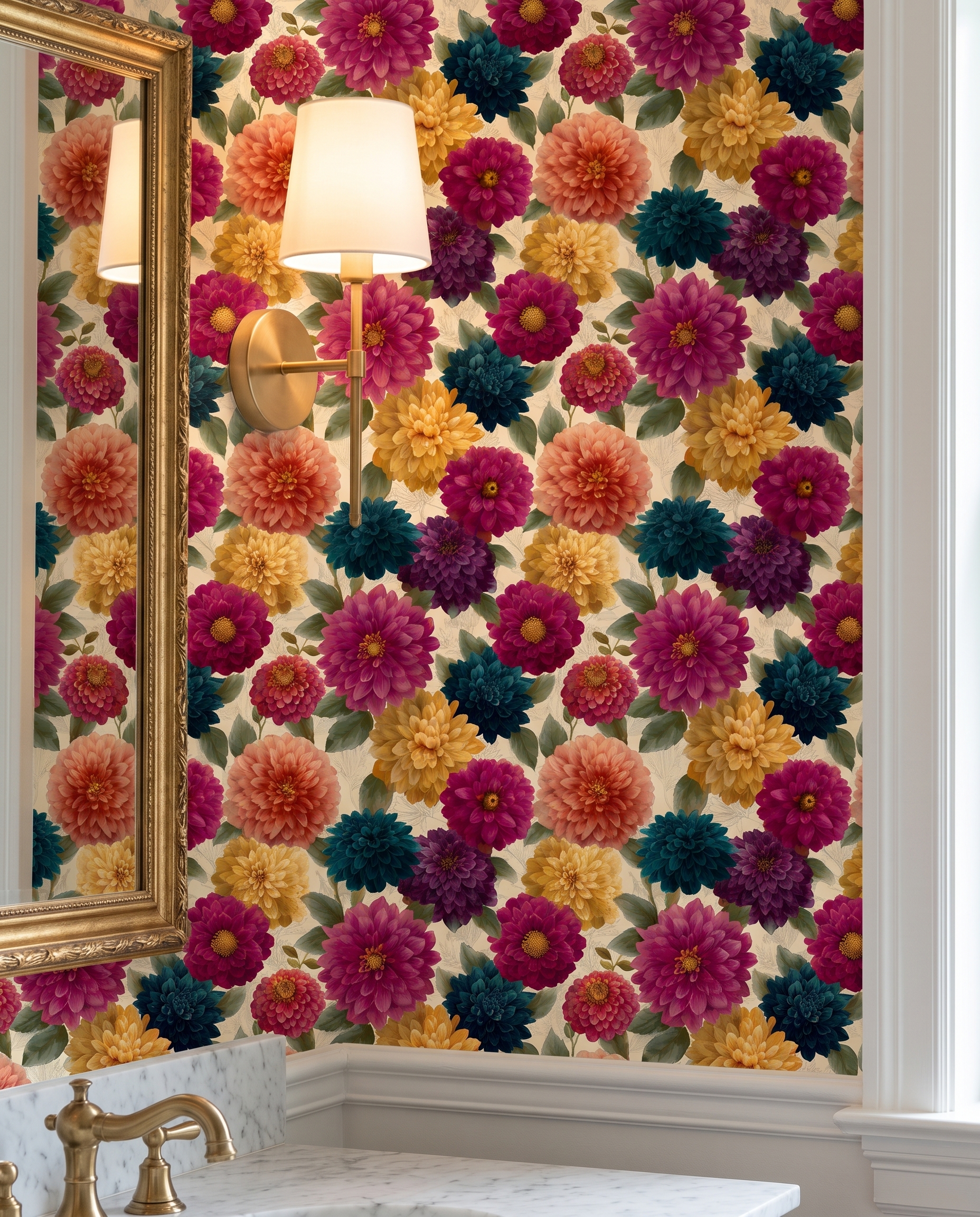 Jewel Tone Dahlia Wallpaper, Vintage Floral Garden, Removable Peel and Stick Wallpaper, Bold Bedroom or Living Room Accent Wall