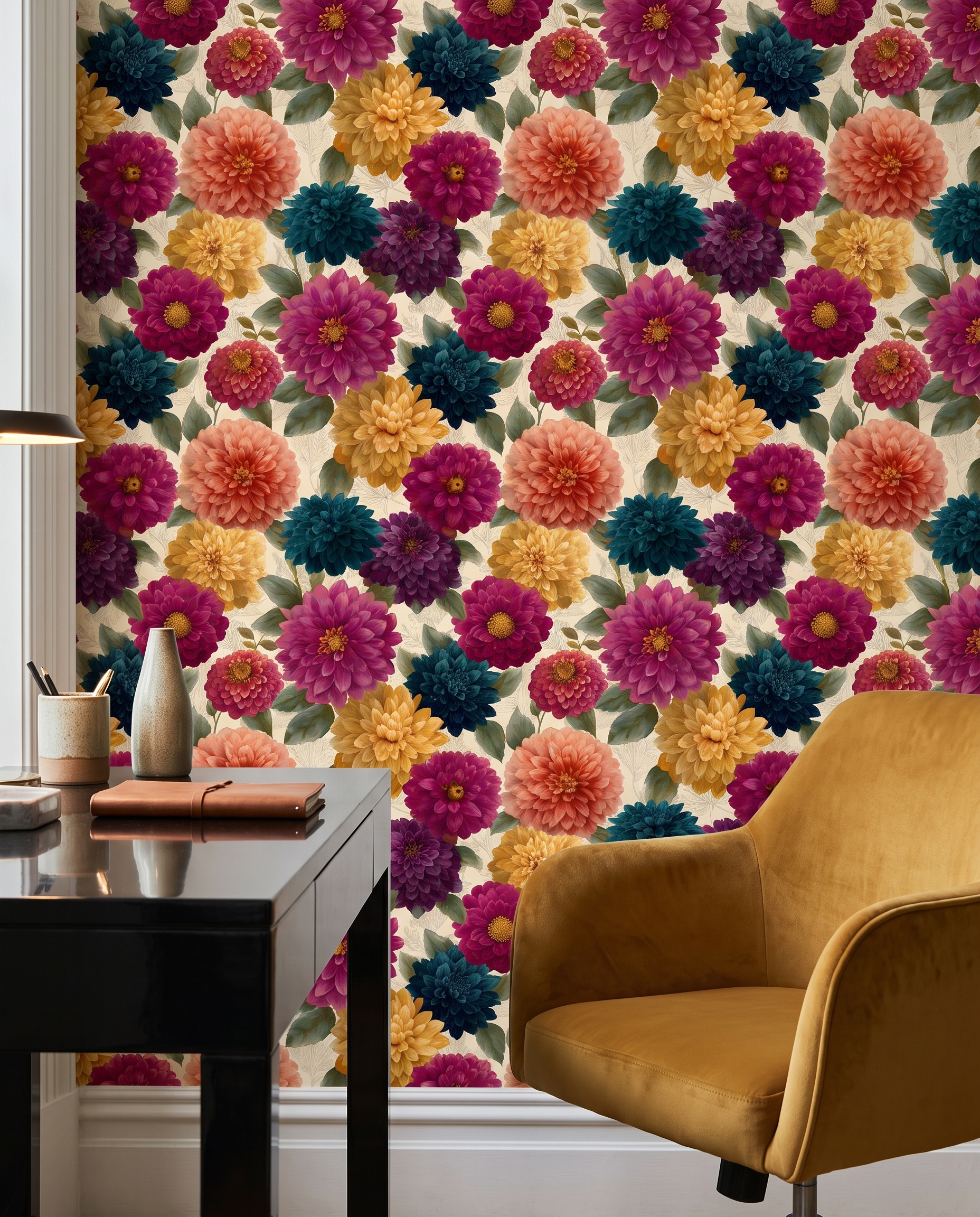 Jewel Tone Dahlia Wallpaper, Vintage Floral Garden, Removable Peel and Stick Wallpaper, Bold Bedroom or Living Room Accent Wall