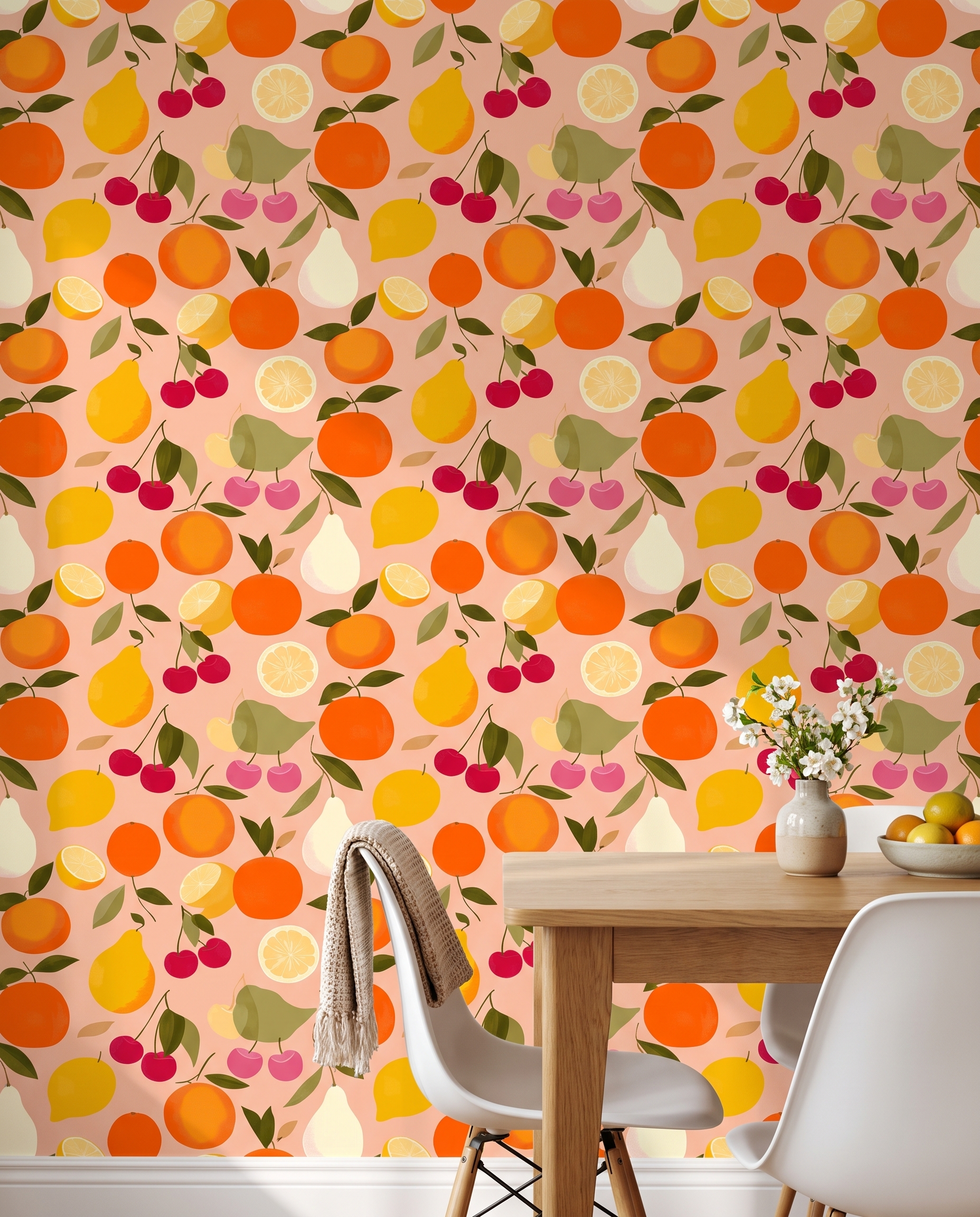Fruit Medley Wallpaper in Pink and Orange, Retro Citrus and Cherry Design, Removable Peel and Stick Wallpaper for Kitchen Accent Wall
