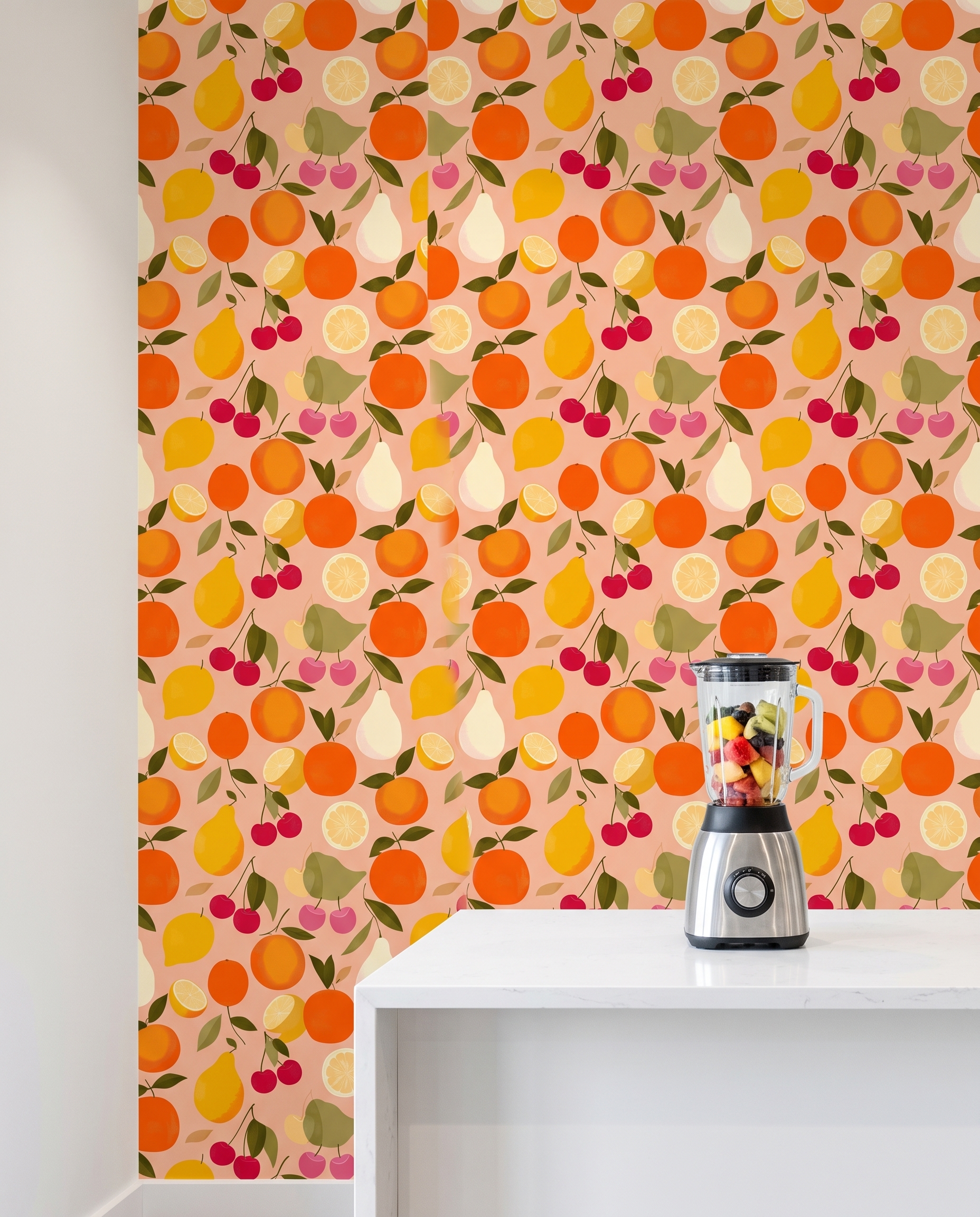 Fruit Medley Wallpaper in Pink and Orange, Retro Citrus and Cherry Design, Removable Peel and Stick Wallpaper for Kitchen Accent Wall