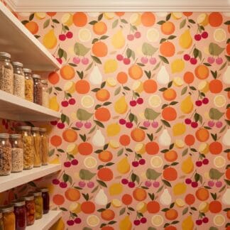 Fruit Medley Wallpaper in Pink and Orange, Retro Citrus and Cherry Design, Removable Peel and Stick Wallpaper for Kitchen Accent Wall