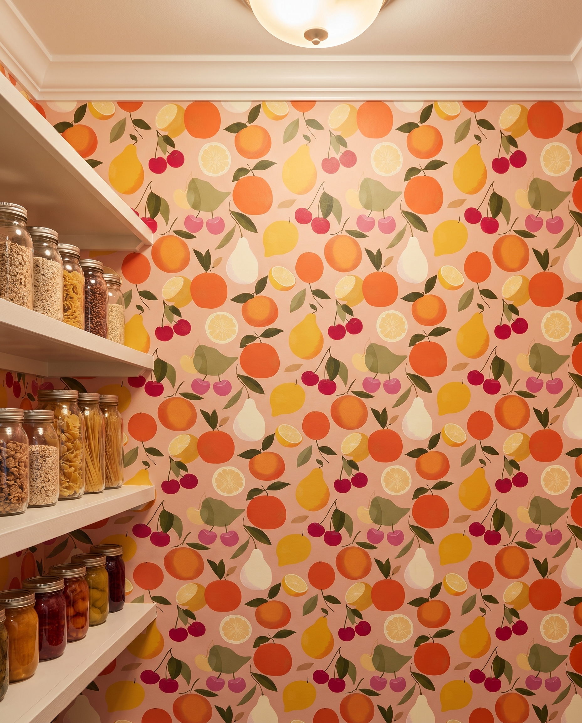 Fruit Medley Wallpaper in Pink and Orange, Retro Citrus and Cherry Design, Removable Peel and Stick Wallpaper for Kitchen Accent Wall