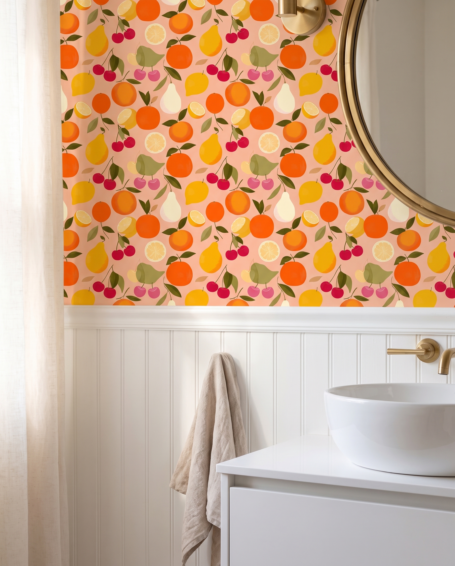 Fruit Medley Wallpaper in Pink and Orange, Retro Citrus and Cherry Design, Removable Peel and Stick Wallpaper for Kitchen Accent Wall