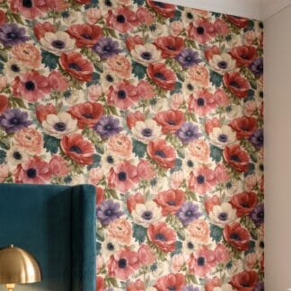 Vintage Anemone Floral Wallpaper in Red and Cream, Large Scale Botanical Peel and Stick Wallpaper, Removable Wall Mural for Bedroom