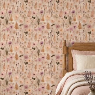 Pressed Flowers and Ferns Wallpaper, Vintage Botanical Herbarium Print, Peel and Stick Wallpaper, Removable Mural for Bedroom Accent Wall