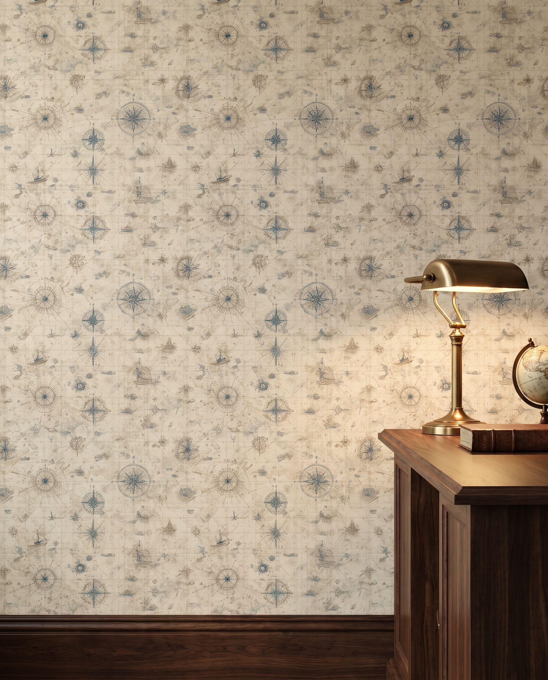 Vintage Nautical Map Wallpaper with Compass Rose in Beige and Blue, Removable Wall Mural, Self Adhesive for Office Accent Wall
