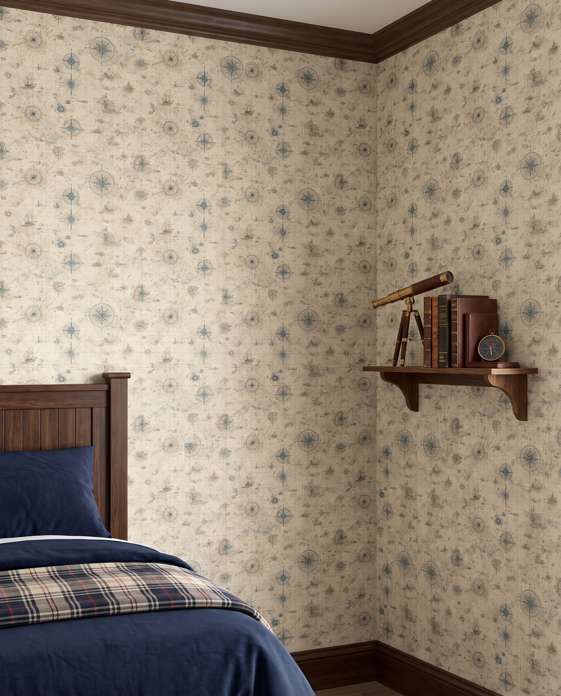 Vintage Nautical Map Wallpaper with Compass Rose in Beige and Blue, Removable Wall Mural, Self Adhesive for Office Accent Wall