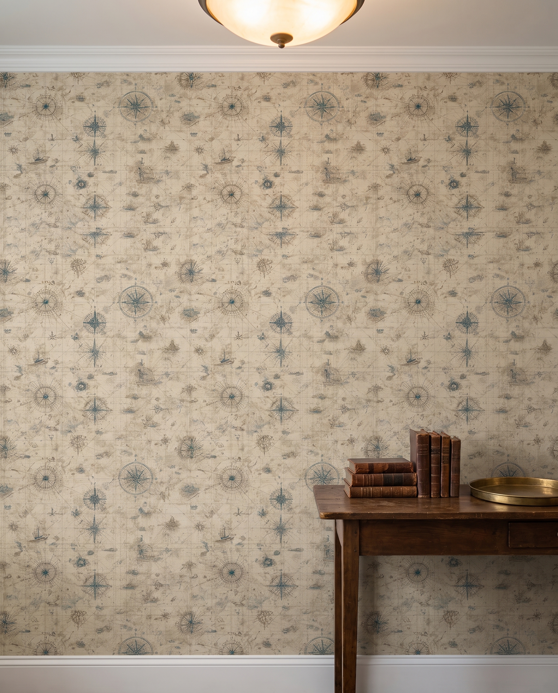 Vintage Nautical Map Wallpaper with Compass Rose in Beige and Blue, Removable Wall Mural, Self Adhesive for Office Accent Wall