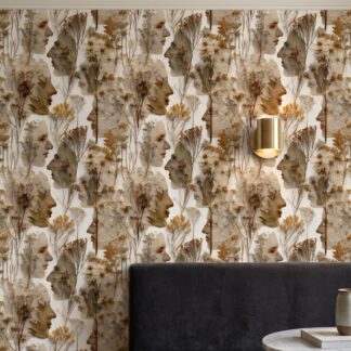Pressed Botanical Faces Wallpaper, Neutral Dried Flower Collage, Removable Wallpaper, Self Adhesive Mural for Living Room Accent Wall