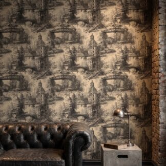 Post-Apocalyptic Toile Wallpaper, Dystopian Cityscape Etching in Sepia, Removable Peel and Stick Wallpaper for a Statement Accent Wall