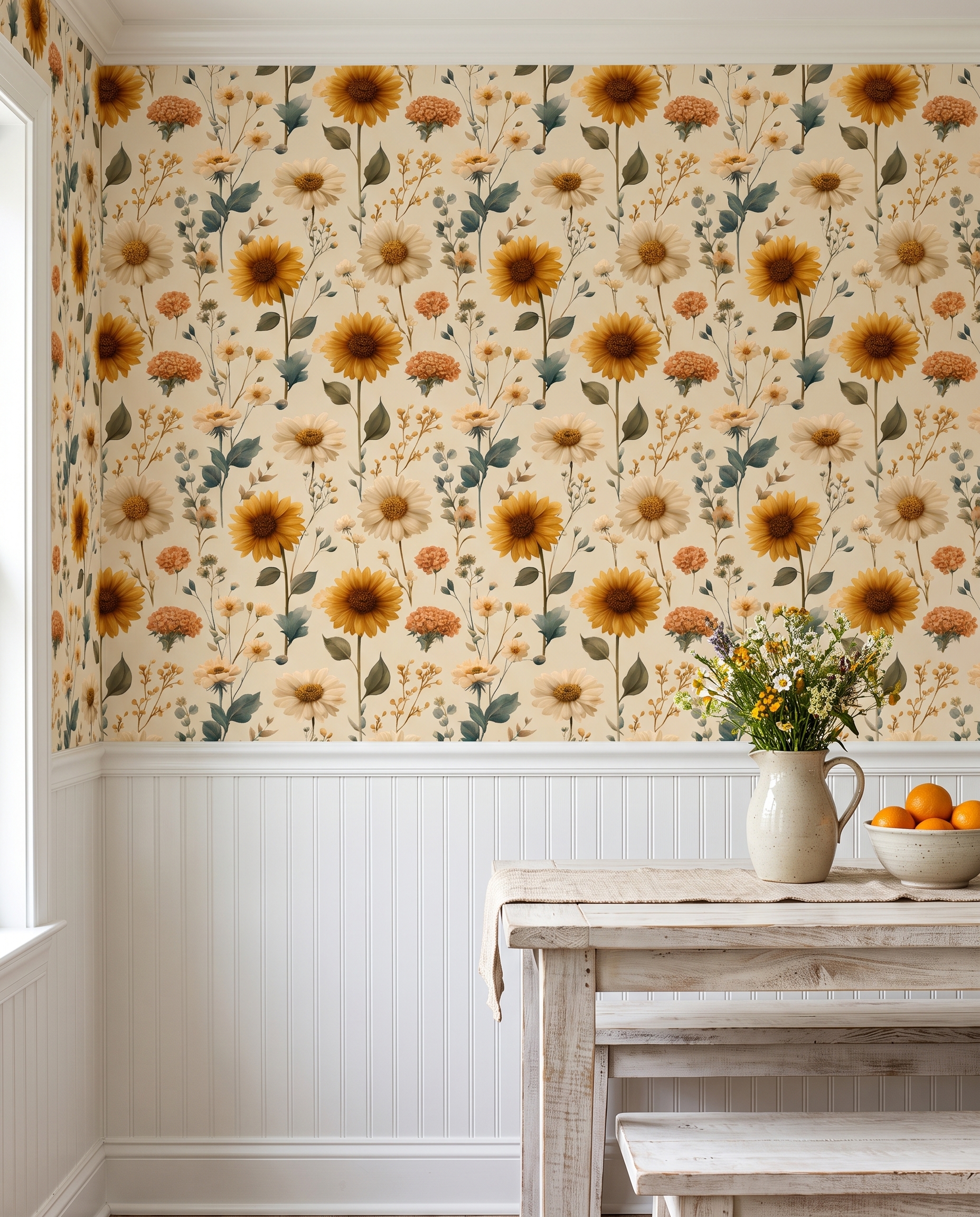 Vintage Sunflower and Daisy Wallpaper, Yellow Floral Peel and Stick Wallpaper, Removable Botanical Wall Mural for a Cheerful Bedroom Accent Wall