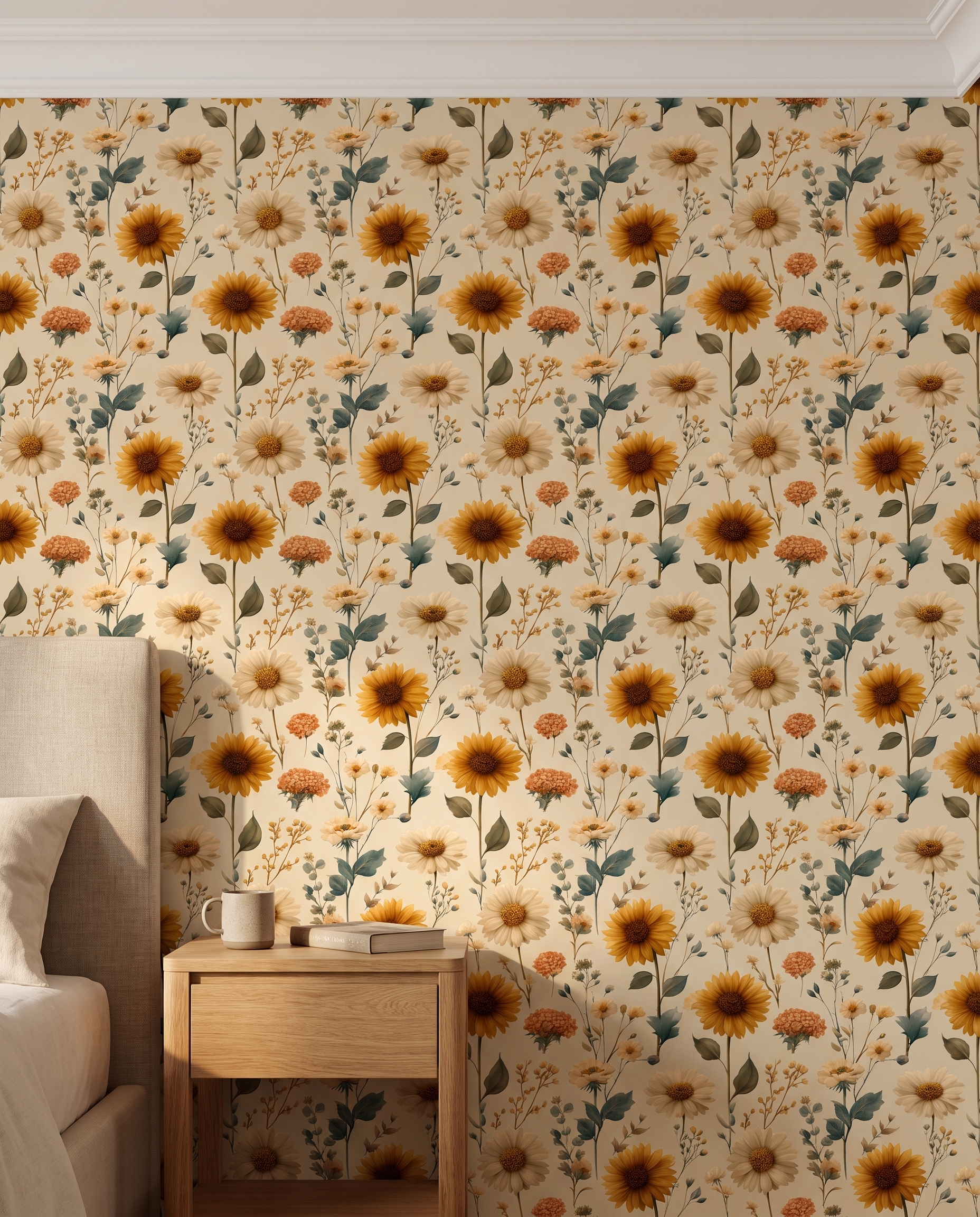Vintage Sunflower and Daisy Wallpaper, Yellow Floral Peel and Stick Wallpaper, Removable Botanical Wall Mural for a Cheerful Bedroom Accent Wall