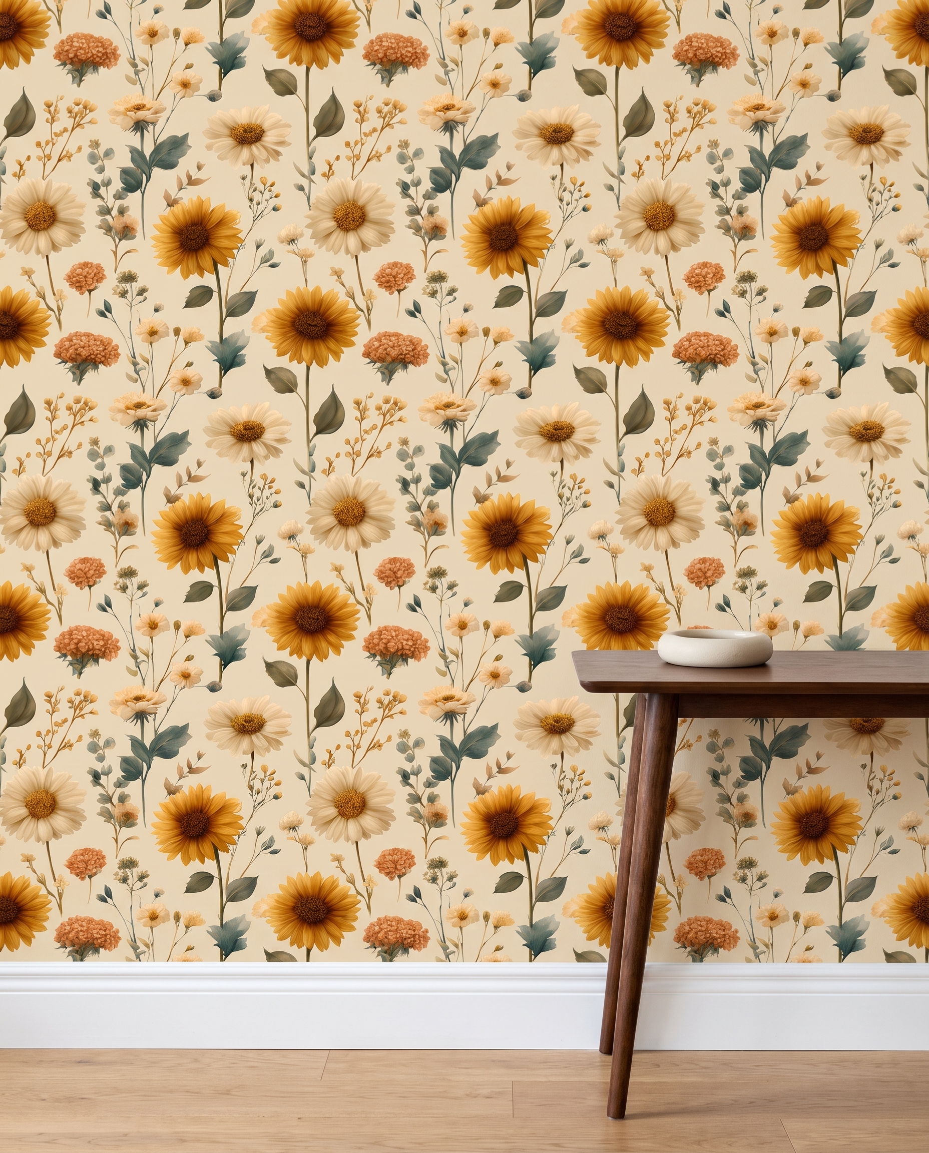 Vintage Sunflower and Daisy Wallpaper, Yellow Floral Peel and Stick Wallpaper, Removable Botanical Wall Mural for a Cheerful Bedroom Accent Wall