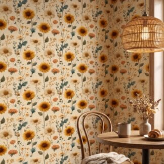 Vintage Sunflower and Daisy Wallpaper, Yellow Floral Peel and Stick Wallpaper, Removable Botanical Wall Mural for a Cheerful Bedroom Accent Wall