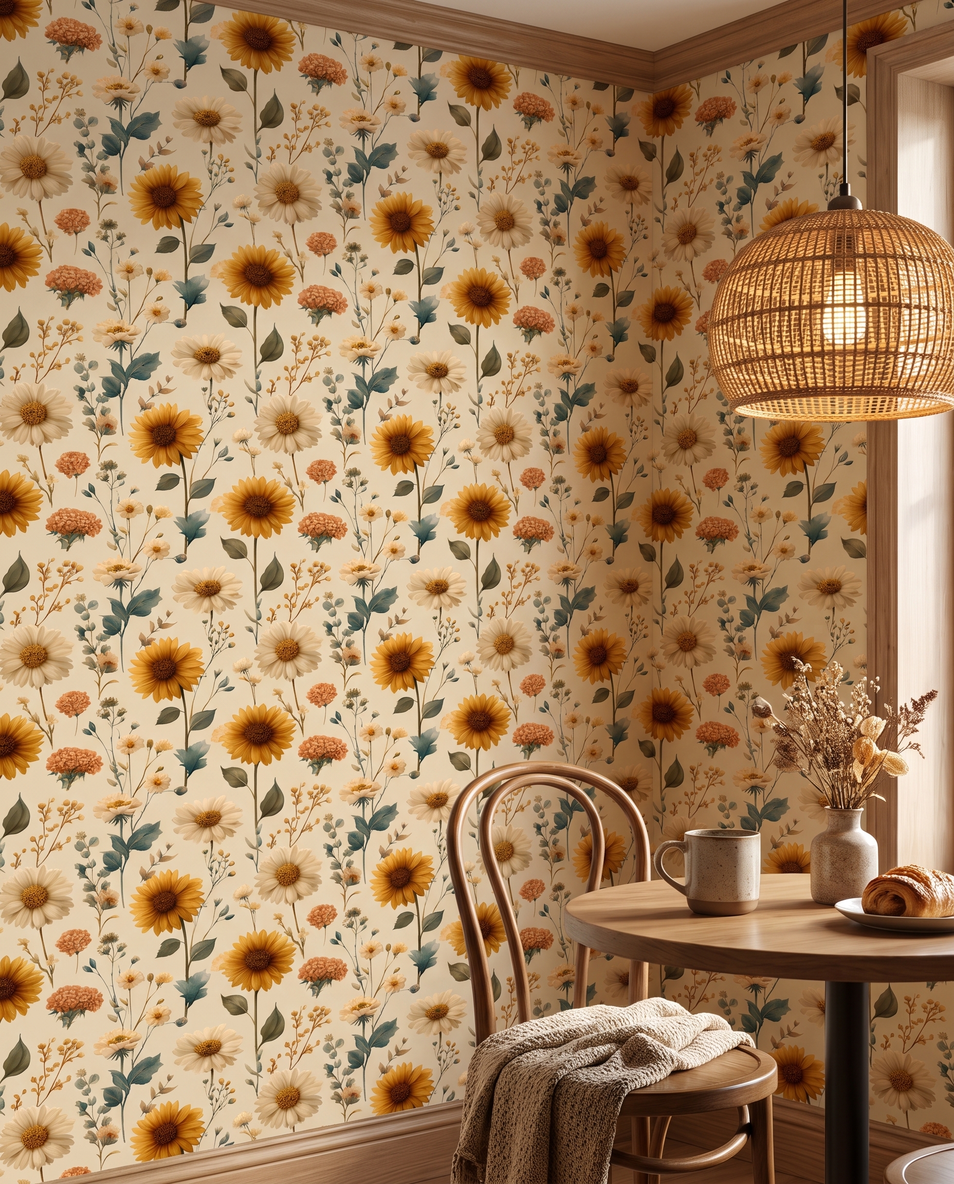 Vintage Sunflower and Daisy Wallpaper, Yellow Floral Peel and Stick Wallpaper, Removable Botanical Wall Mural for a Cheerful Bedroom Accent Wall