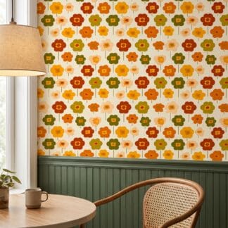 Retro 70s Floral Wallpaper in Orange and Green, Vintage Flower Power Peel and Stick Wallpaper, Removable Wall Mural for Kitchen Accent Wall