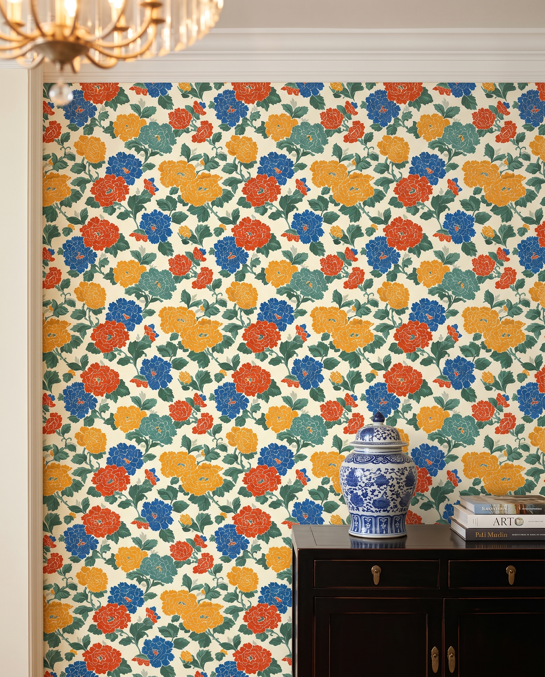 Bold Chinoiserie Floral Wallpaper in Red, Blue, and Yellow, Removable Peel and Stick Wallpaper for a Vibrant Dining Room Accent Wall