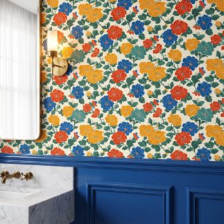 Bold Chinoiserie Floral Wallpaper in Red, Blue, and Yellow, Removable Peel and Stick Wallpaper for a Vibrant Dining Room Accent Wall
