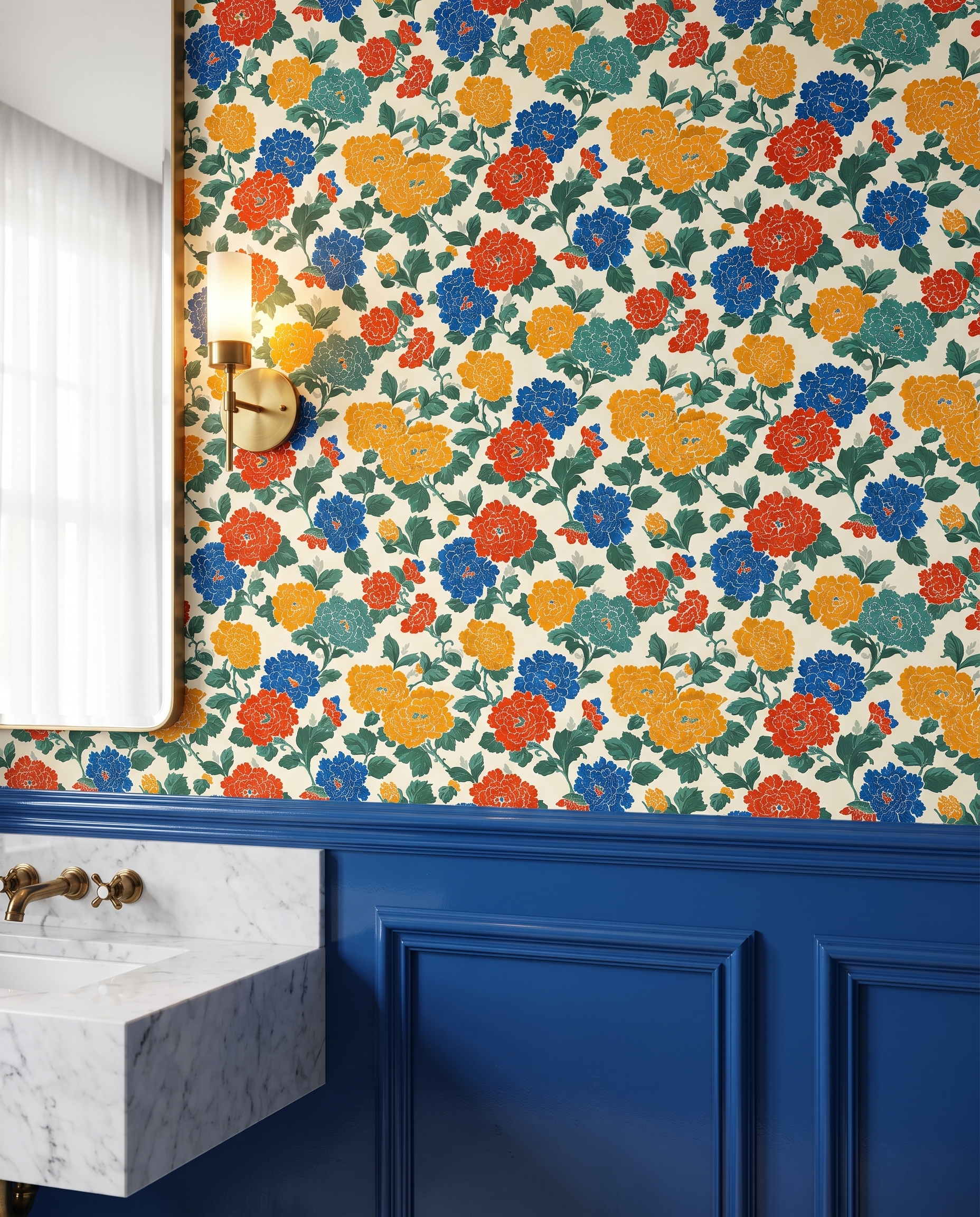 Bold Chinoiserie Floral Wallpaper in Red, Blue, and Yellow, Removable Peel and Stick Wallpaper for a Vibrant Dining Room Accent Wall