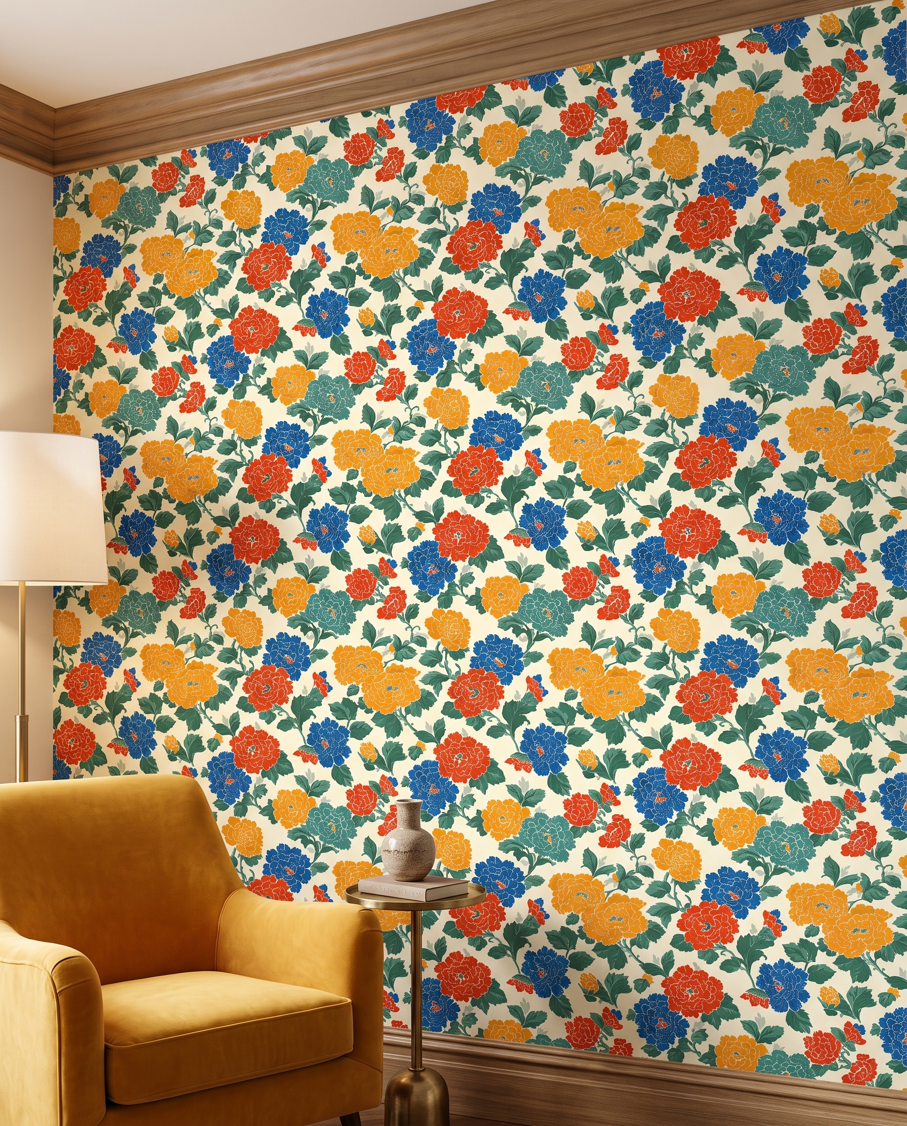 Bold Chinoiserie Floral Wallpaper in Red, Blue, and Yellow, Removable Peel and Stick Wallpaper for a Vibrant Dining Room Accent Wall