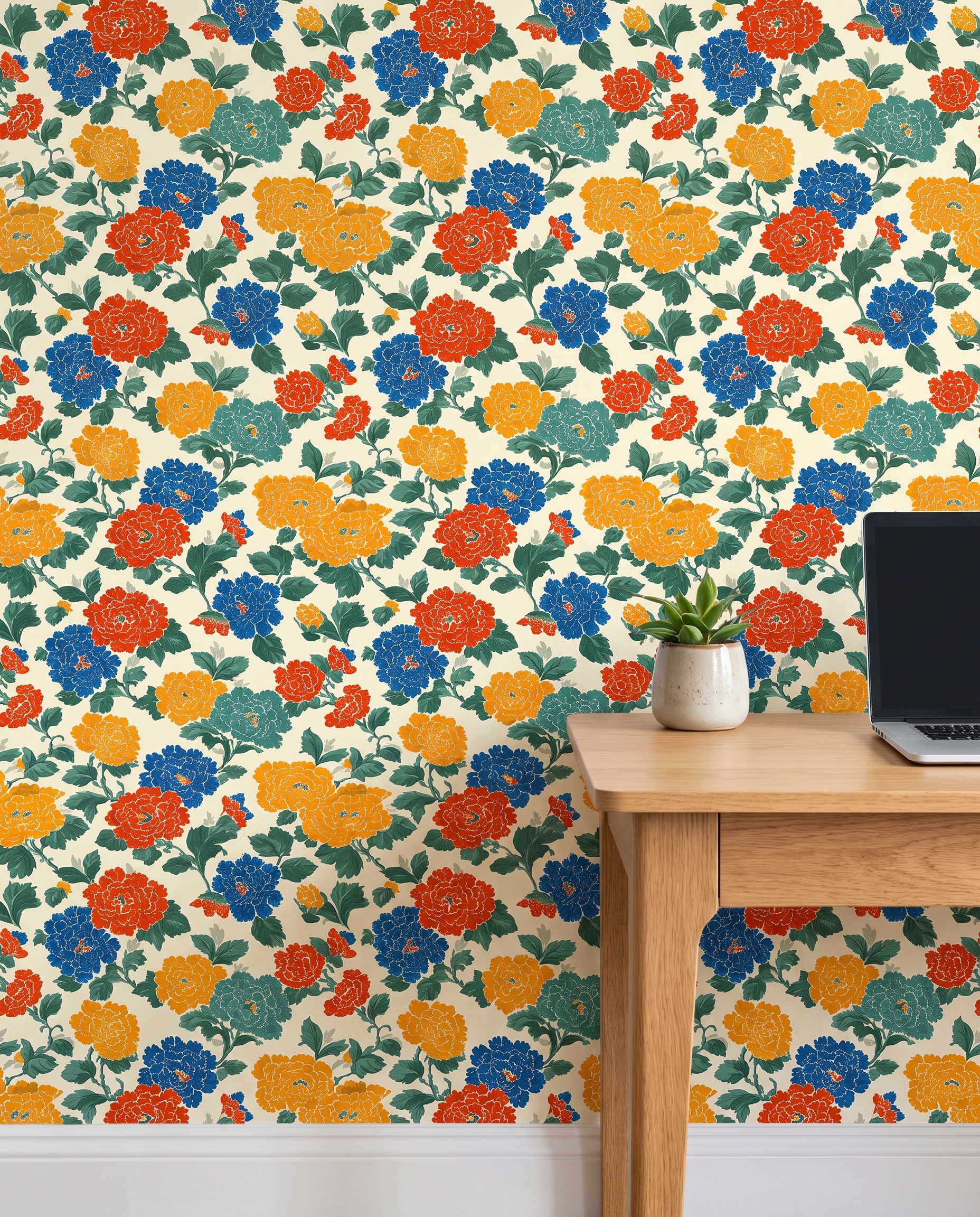 Bold Chinoiserie Floral Wallpaper in Red, Blue, and Yellow, Removable Peel and Stick Wallpaper for a Vibrant Dining Room Accent Wall