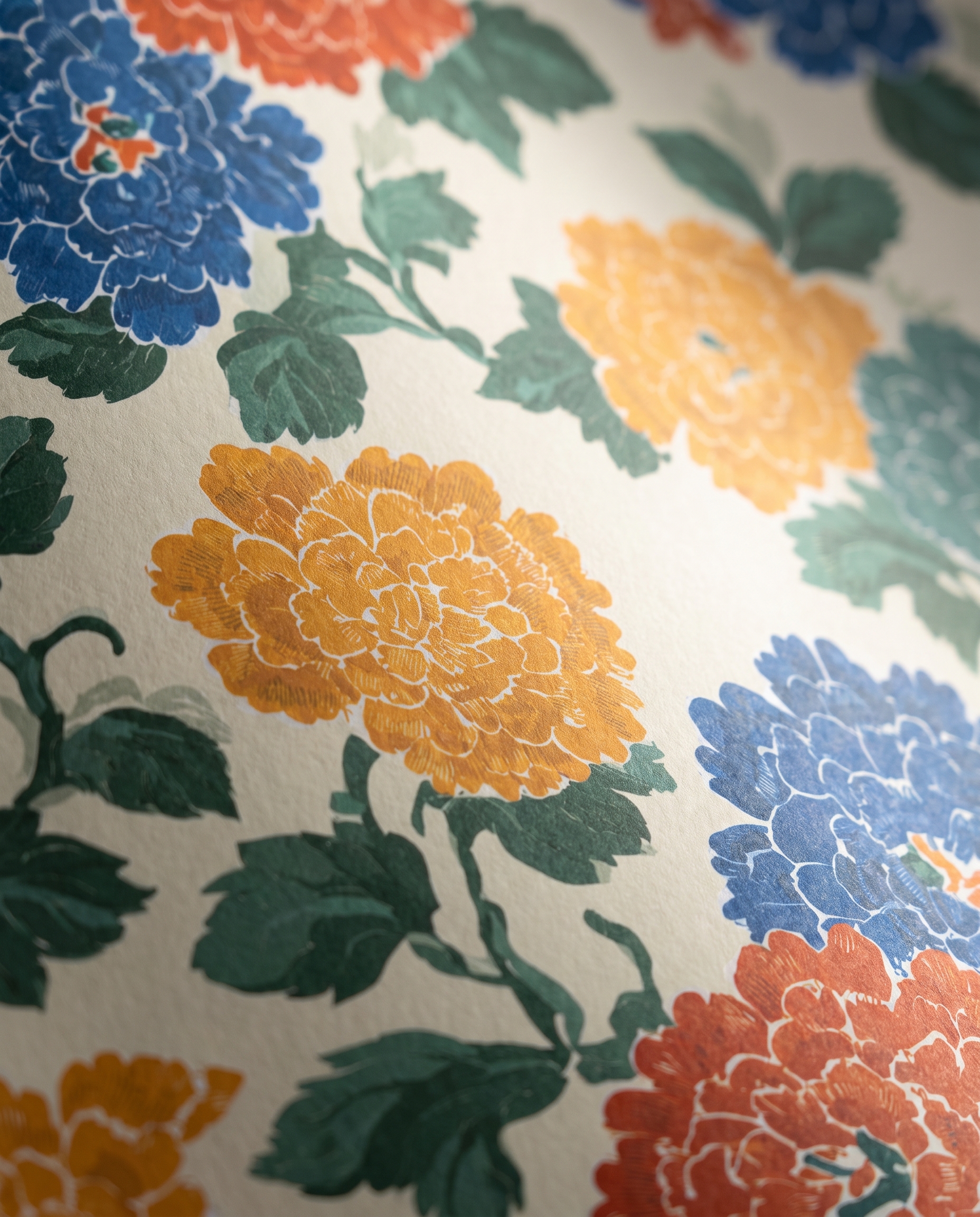 Bold Chinoiserie Floral Wallpaper in Red, Blue, and Yellow, Removable Peel and Stick Wallpaper for a Vibrant Dining Room Accent Wall