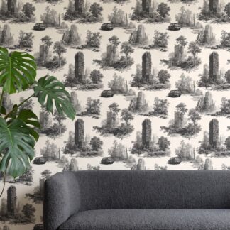 Post-Apocalyptic Toile Wallpaper, Black and White Dystopian Cityscape, Removable Wall Mural for a Dramatic Accent Wall