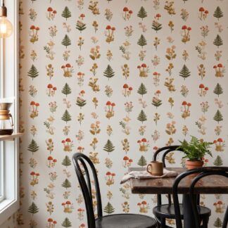 Embroidered Mushroom Forest Wallpaper, Vintage Botanical in Neutral Tones, Removable Peel and Stick Wallpaper for a Nursery Accent Wall