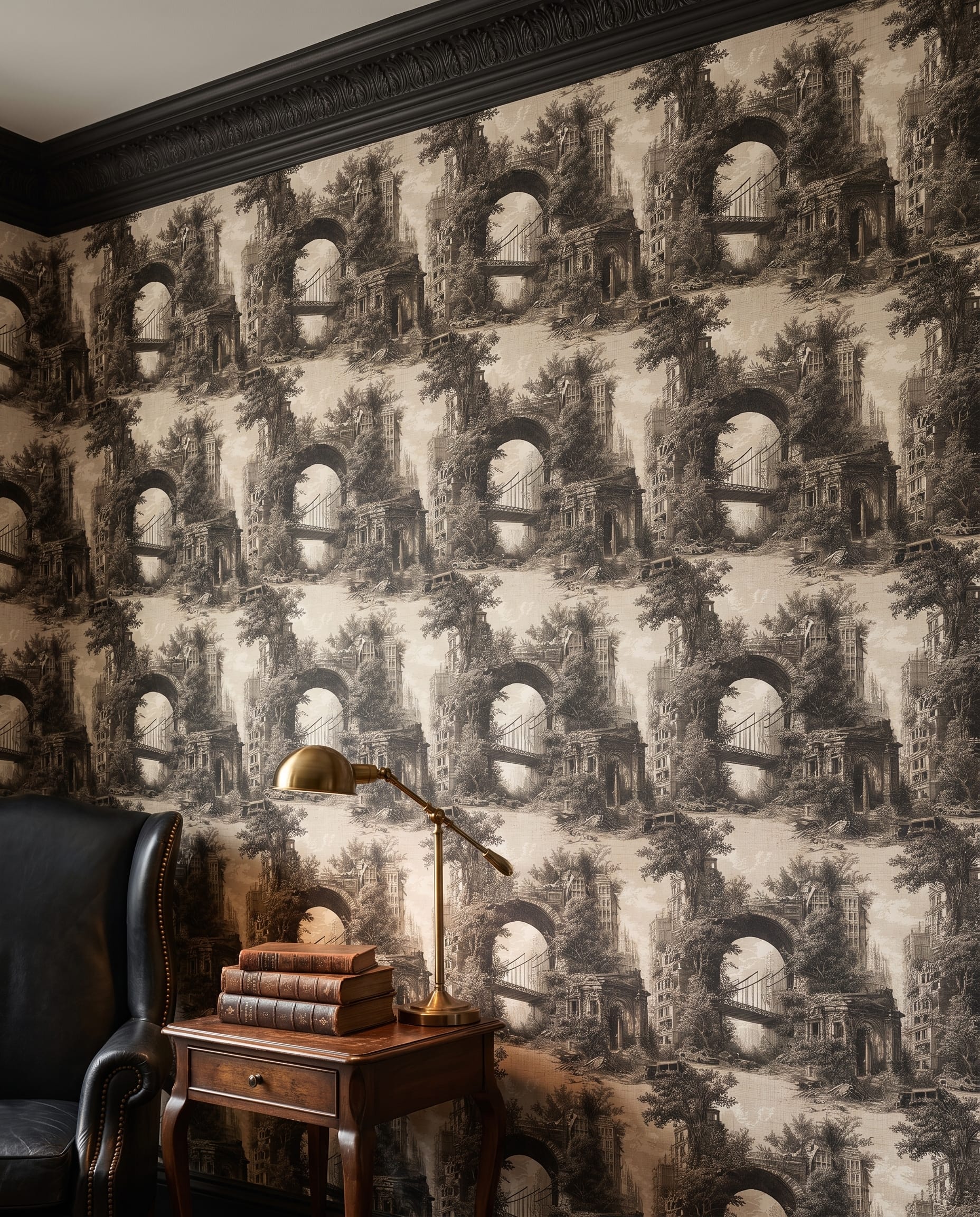 Post-Apocalyptic Cityscape Engraving, Vintage Dystopian Wall Mural, Removable Peel and Stick Wallpaper for a Dramatic Accent Wall