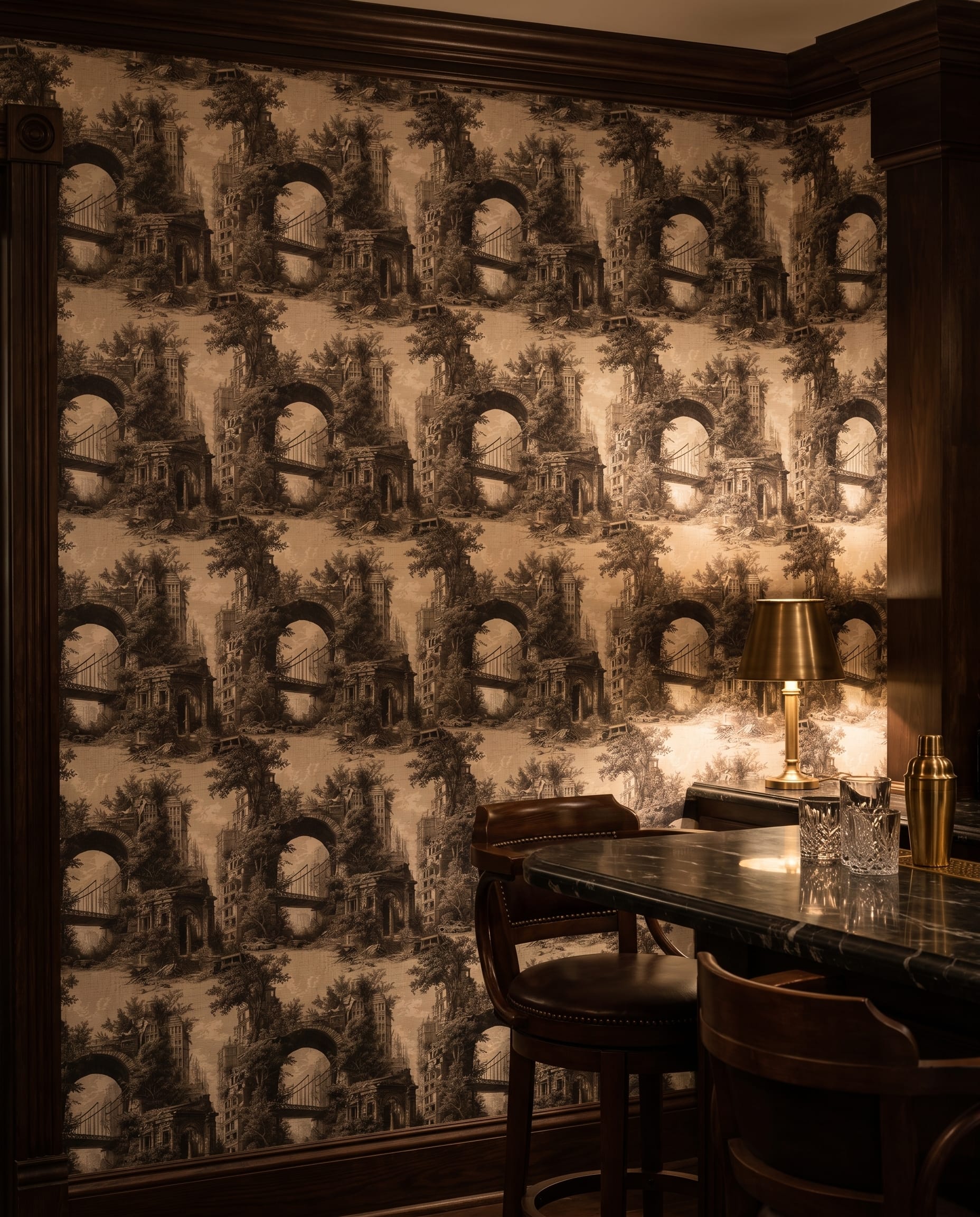 Post-Apocalyptic Cityscape Engraving, Vintage Dystopian Wall Mural, Removable Peel and Stick Wallpaper for a Dramatic Accent Wall