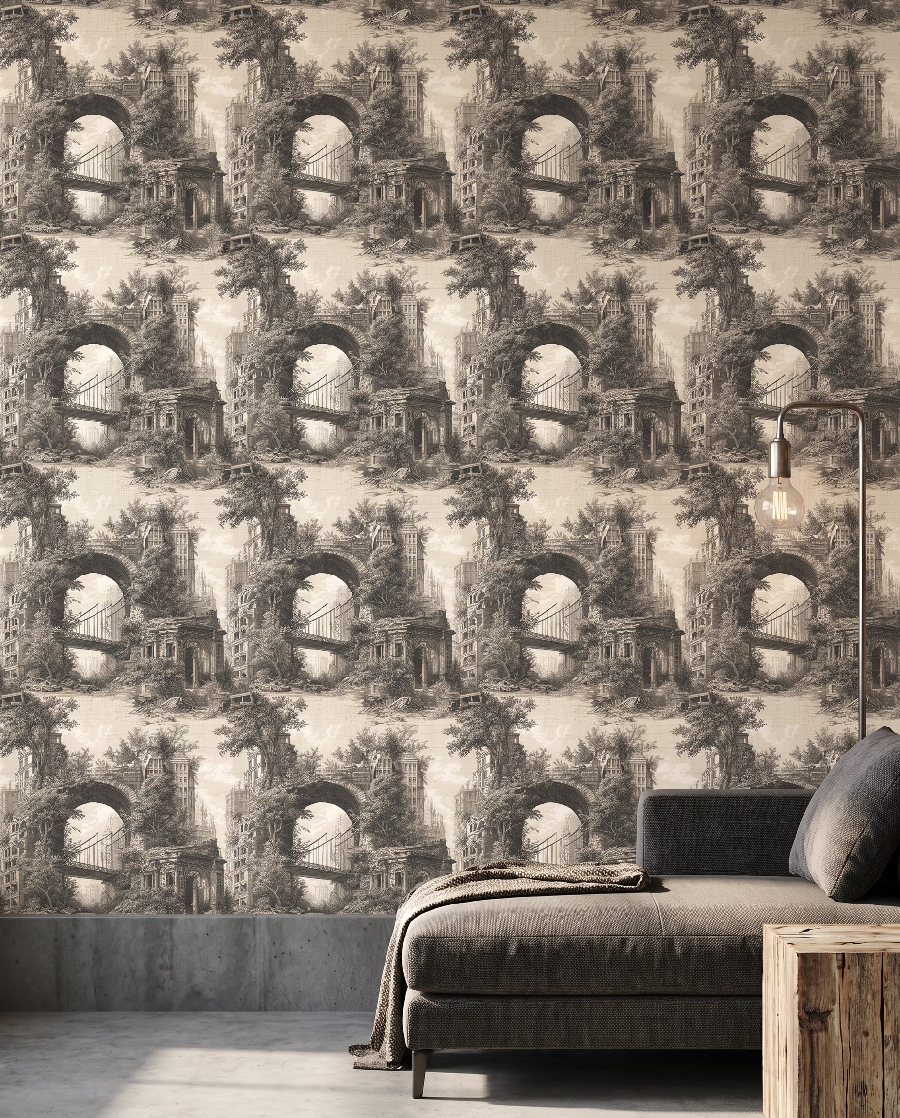Post-Apocalyptic Cityscape Engraving, Vintage Dystopian Wall Mural, Removable Peel and Stick Wallpaper for a Dramatic Accent Wall
