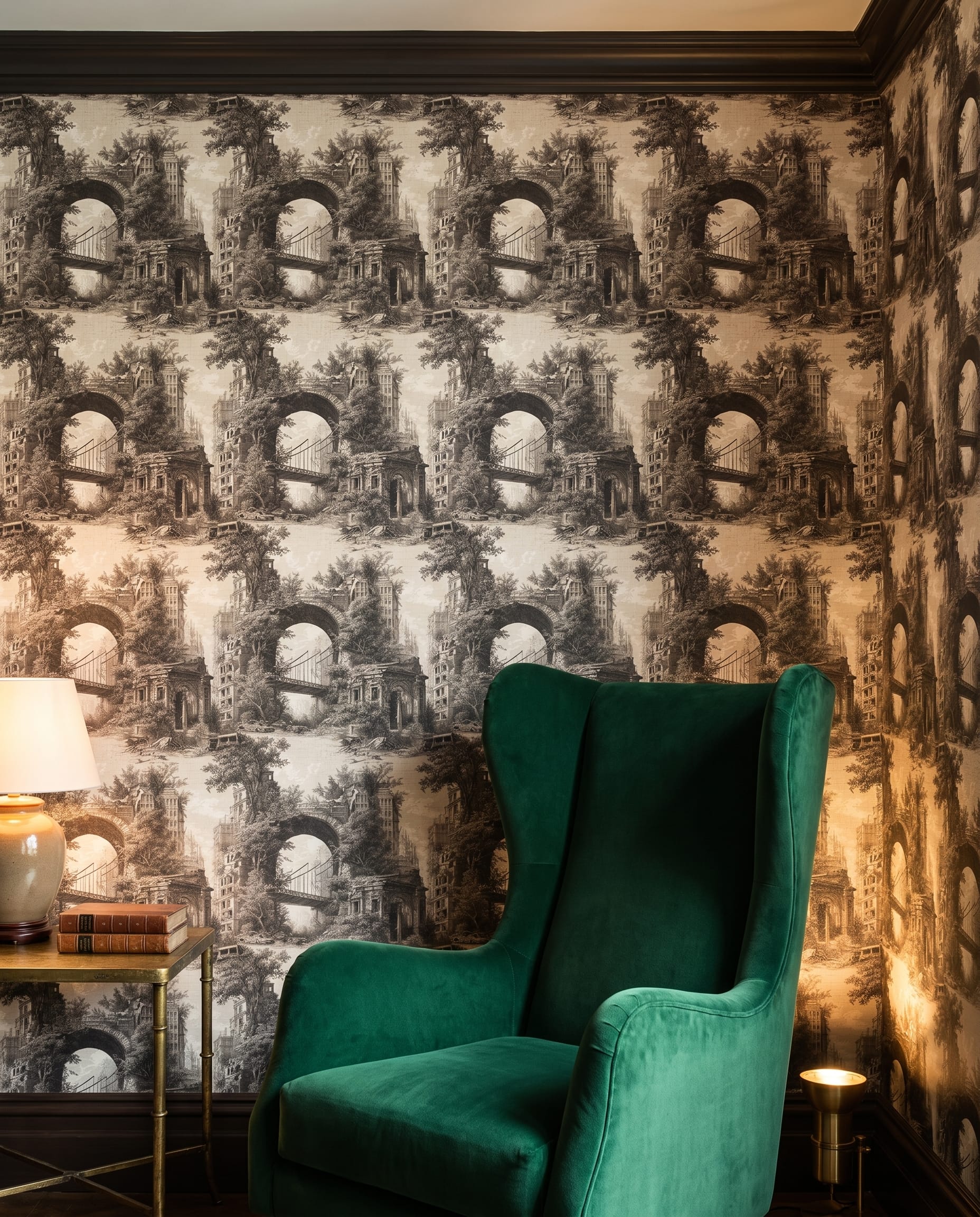 Post-Apocalyptic Cityscape Engraving, Vintage Dystopian Wall Mural, Removable Peel and Stick Wallpaper for a Dramatic Accent Wall