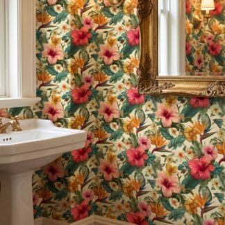 Tropical Hibiscus Floral Wallpaper, Vintage Botanical Wall Mural in Pink and Green, Peel and Stick Wallpaper for a Bedroom Accent Wall
