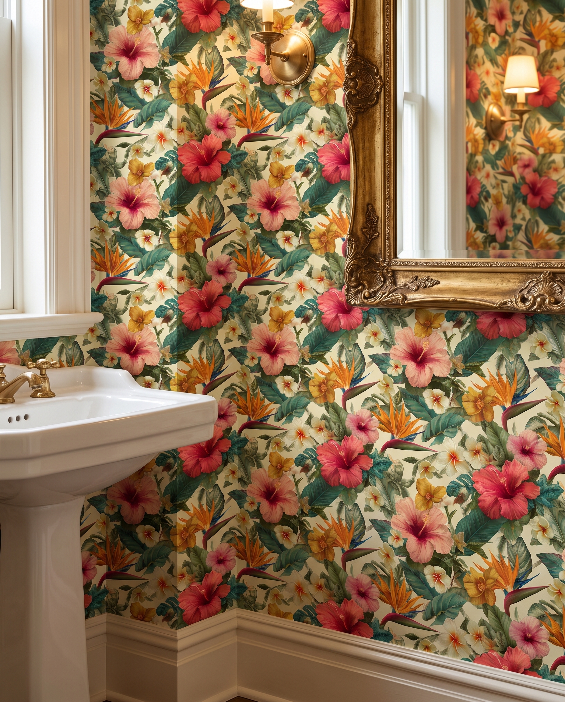 Tropical Hibiscus Floral Wallpaper, Vintage Botanical Wall Mural in Pink and Green, Peel and Stick Wallpaper for a Bedroom Accent Wall