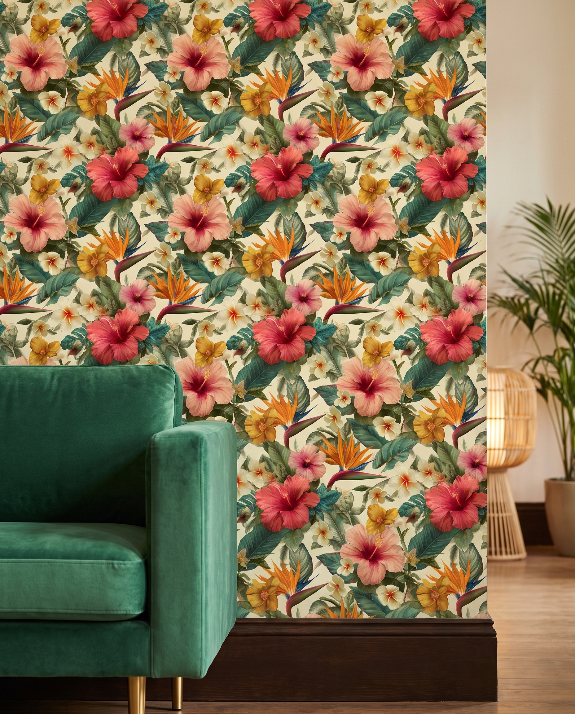 Tropical Hibiscus Floral Wallpaper, Vintage Botanical Wall Mural in Pink and Green, Peel and Stick Wallpaper for a Bedroom Accent Wall