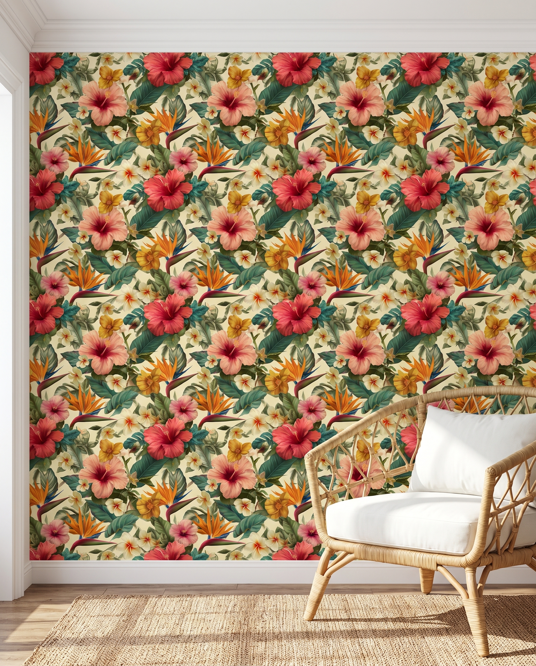 Tropical Hibiscus Floral Wallpaper, Vintage Botanical Wall Mural in Pink and Green, Peel and Stick Wallpaper for a Bedroom Accent Wall