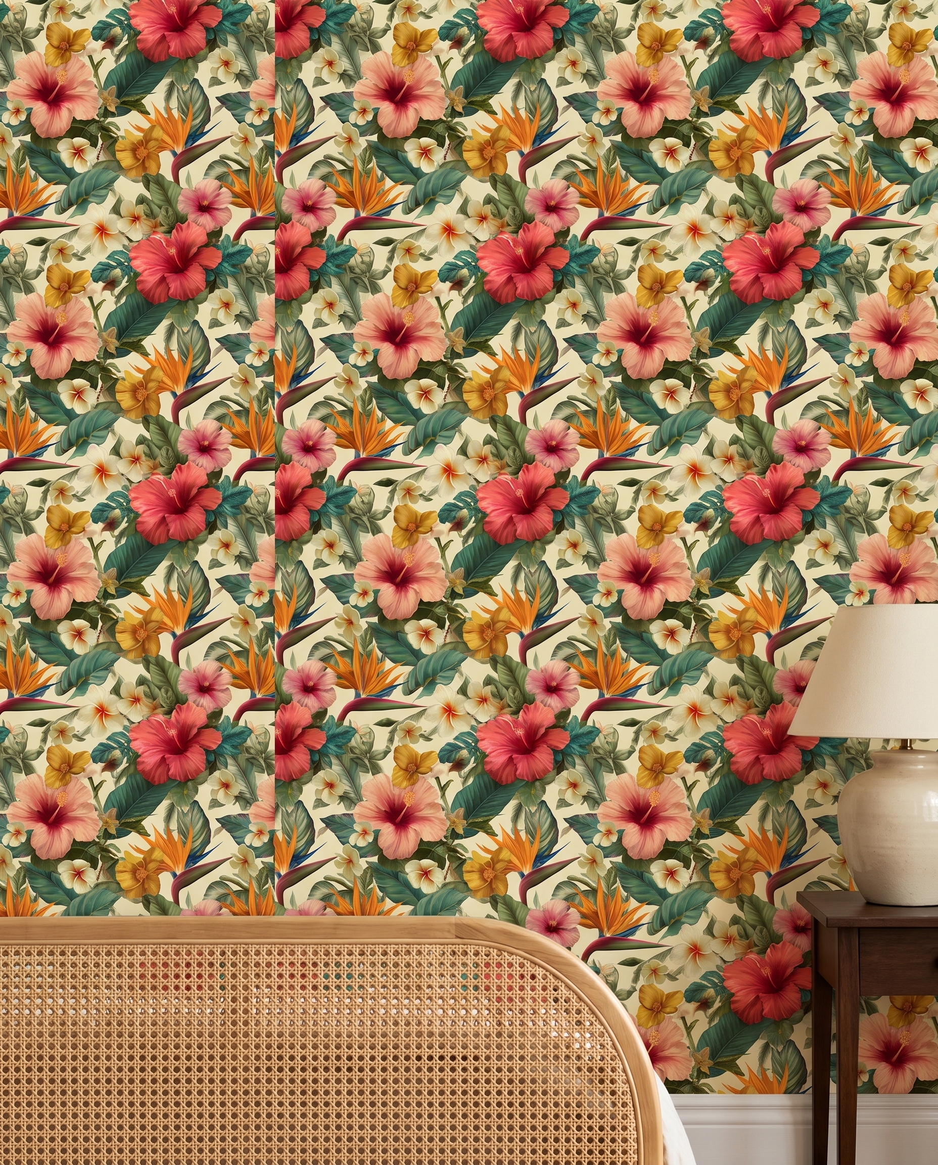 Tropical Hibiscus Floral Wallpaper, Vintage Botanical Wall Mural in Pink and Green, Peel and Stick Wallpaper for a Bedroom Accent Wall