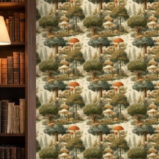 Mushroom Forest Toile Wallpaper, Vintage Woodland Scene in Green and Brown, Removable Wall Mural for a Bedroom or Nursery Accent Wall