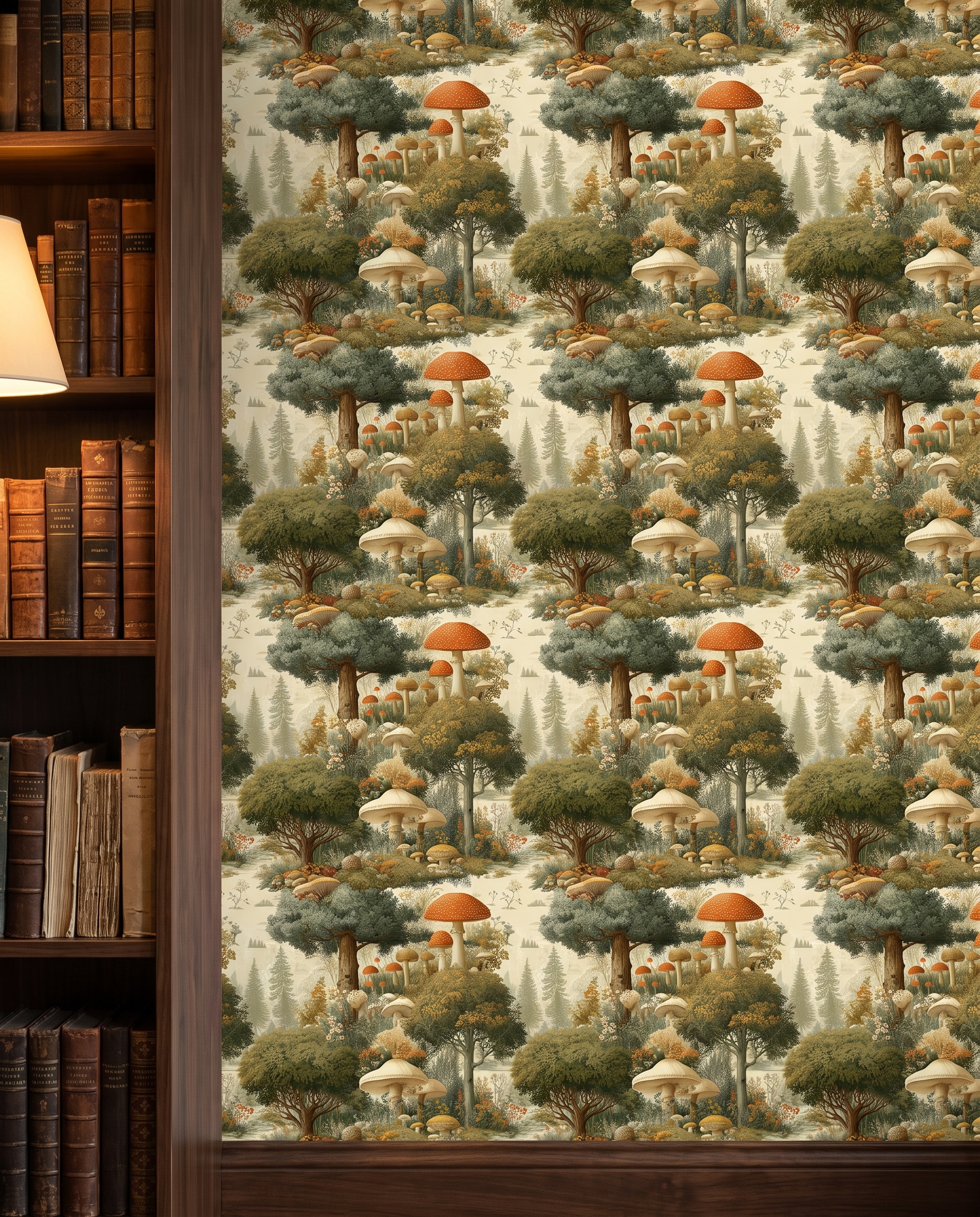 Mushroom Forest Toile Wallpaper, Vintage Woodland Scene in Green and Brown, Removable Wall Mural for a Bedroom or Nursery Accent Wall