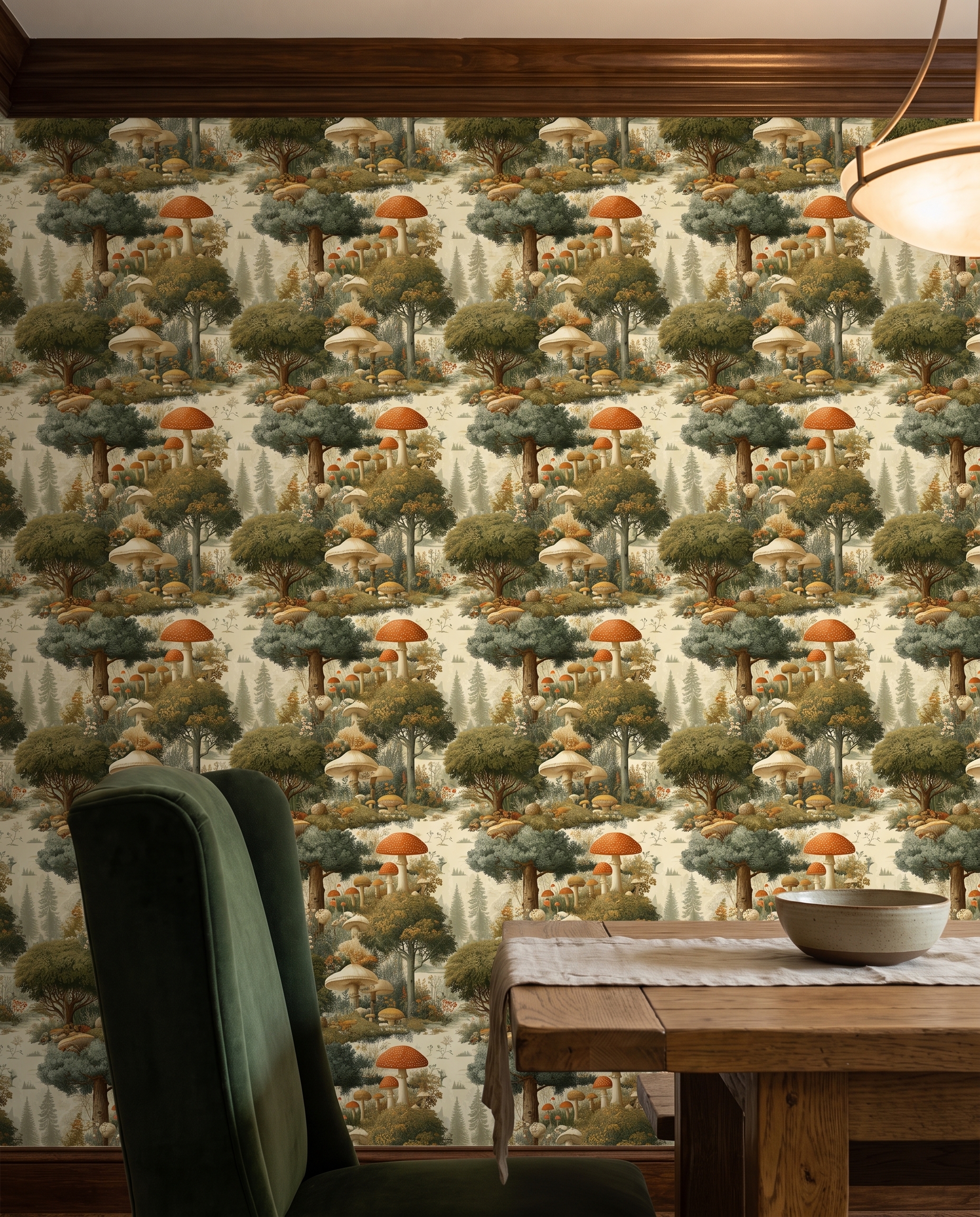 Mushroom Forest Toile Wallpaper, Vintage Woodland Scene in Green and Brown, Removable Wall Mural for a Bedroom or Nursery Accent Wall