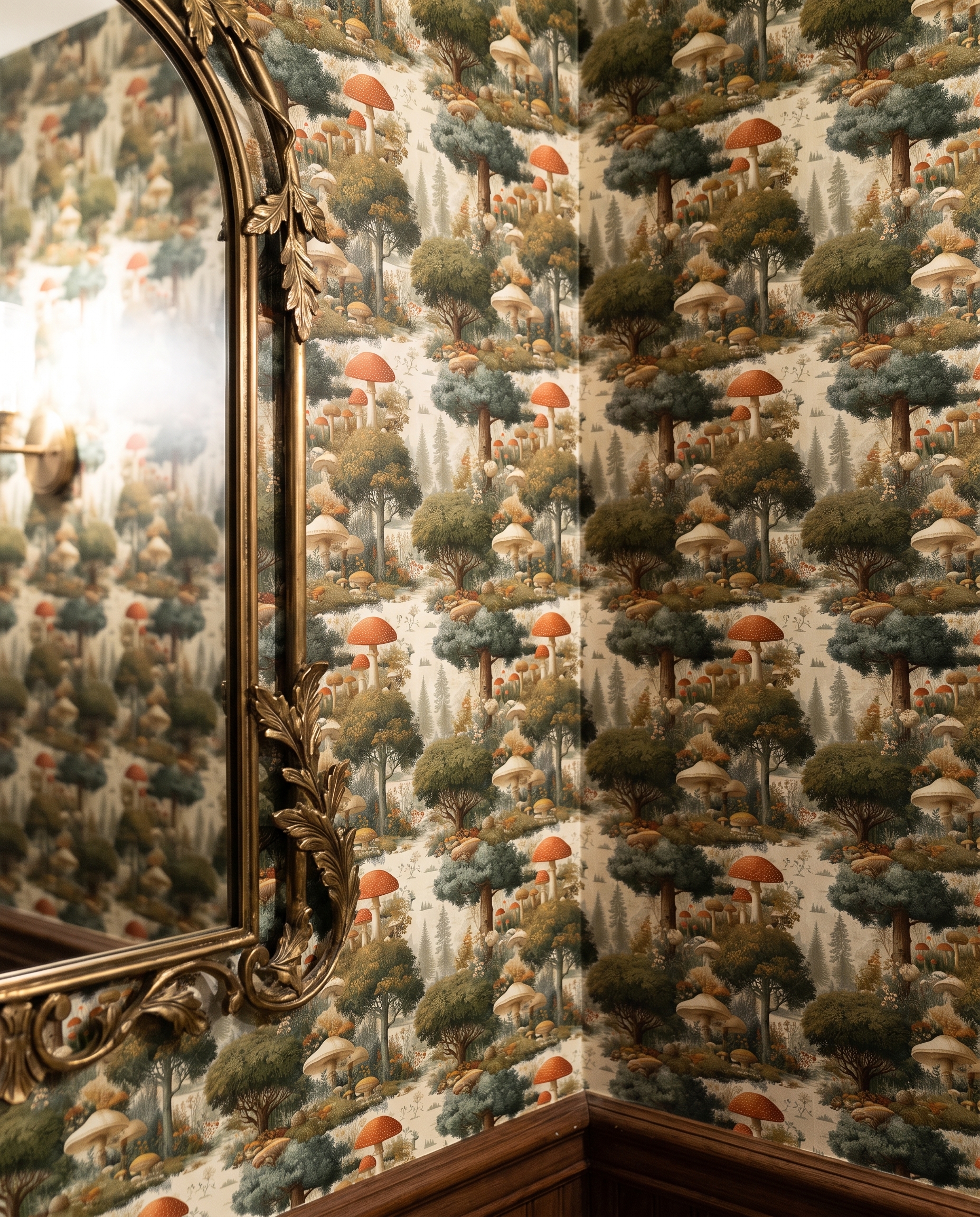 Mushroom Forest Toile Wallpaper, Vintage Woodland Scene in Green and Brown, Removable Wall Mural for a Bedroom or Nursery Accent Wall