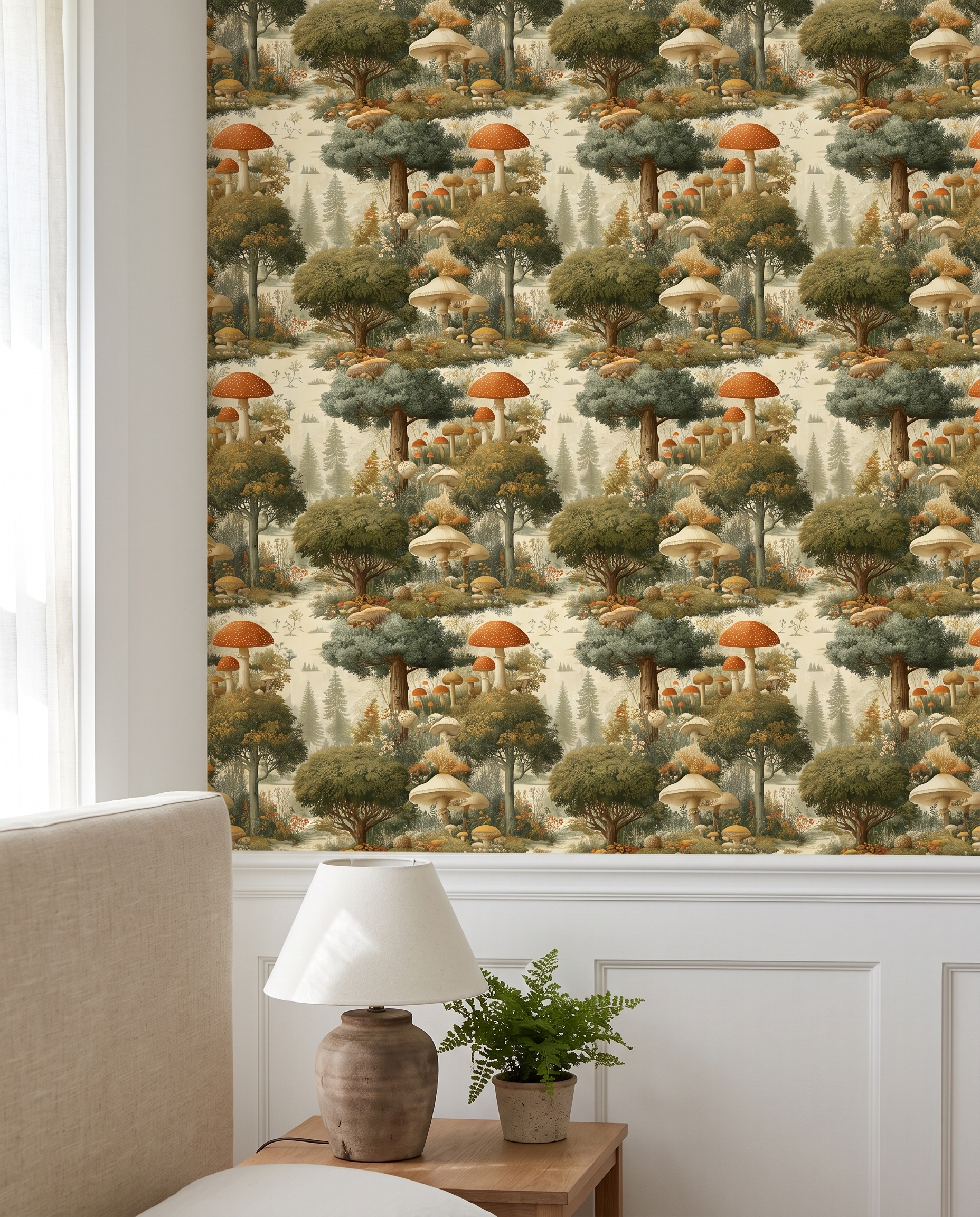 Mushroom Forest Toile Wallpaper, Vintage Woodland Scene in Green and Brown, Removable Wall Mural for a Bedroom or Nursery Accent Wall