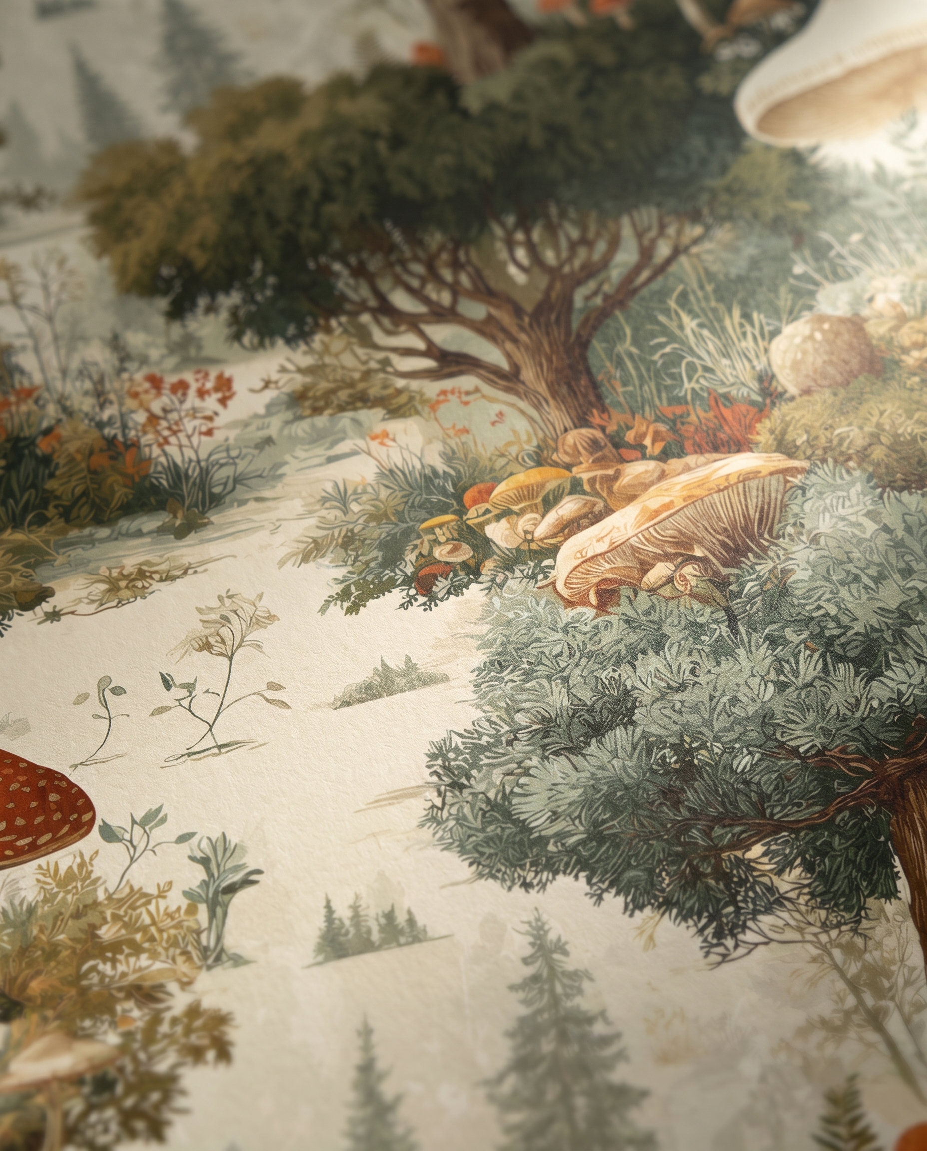 Mushroom Forest Toile Wallpaper, Vintage Woodland Scene in Green and Brown, Removable Wall Mural for a Bedroom or Nursery Accent Wall