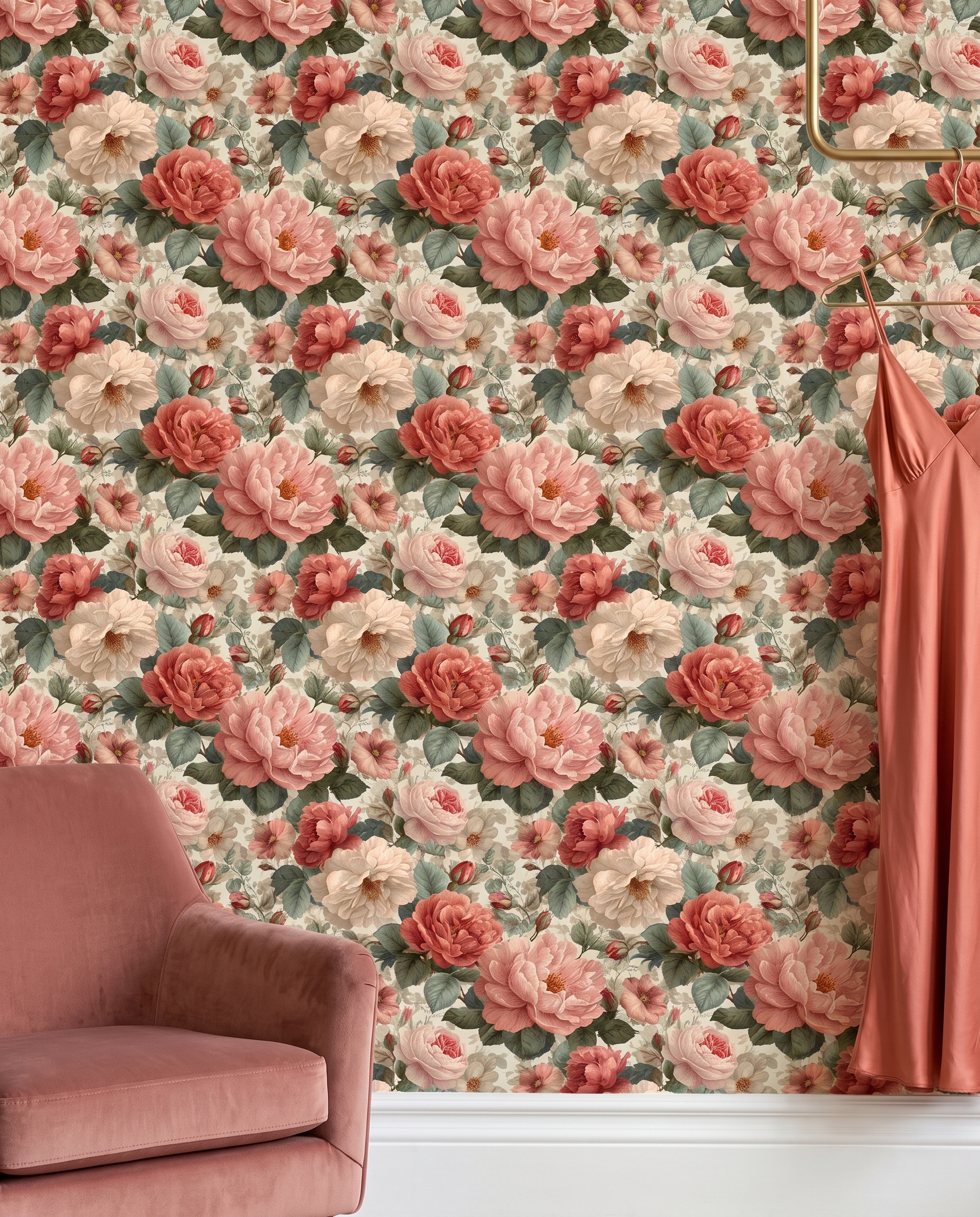Vintage Peony & Rose Wallpaper in Dusty Pink, Romantic Floral Peel and Stick Wallpaper for a Bedroom Accent Wall, Removable
