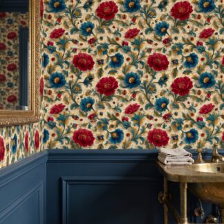 Ornate Floral Wallpaper in Red, Blue and Gold, Vintage Peel and Stick Wallpaper for a Dramatic Dining Room or Bedroom Accent Wall
