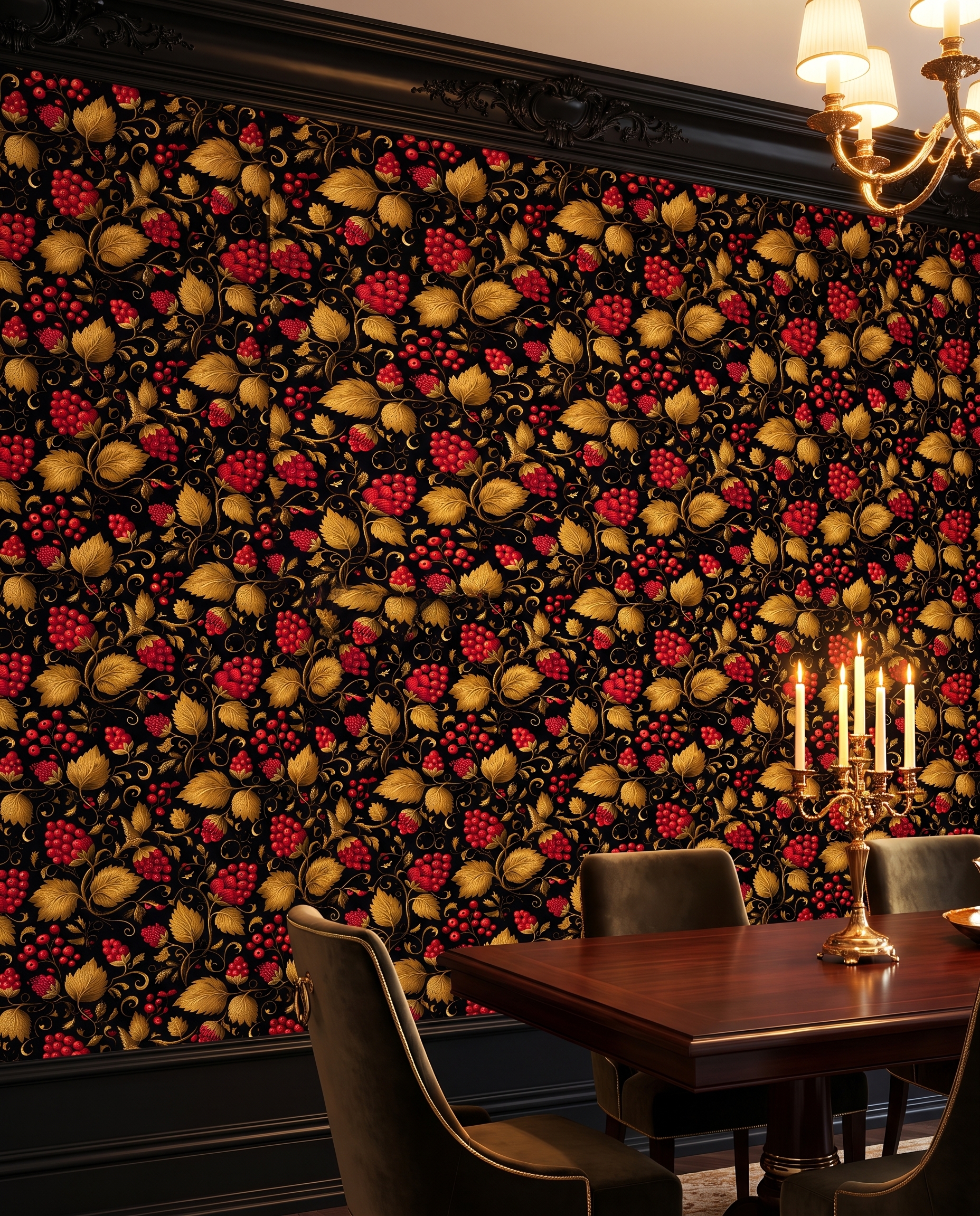 Vintage Red Berry and Gold Leaf Wallpaper, Black Botanical Peel and Stick Wallpaper for a Dramatic Dining Room Accent Wall