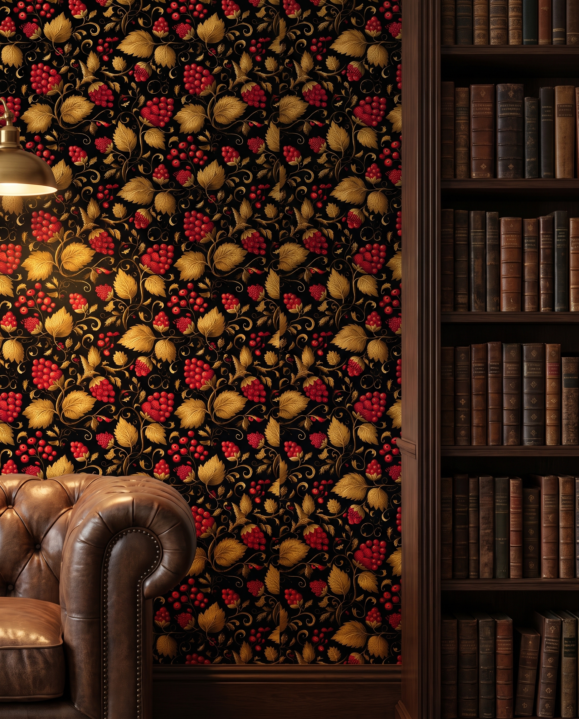 Vintage Red Berry and Gold Leaf Wallpaper, Black Botanical Peel and Stick Wallpaper for a Dramatic Dining Room Accent Wall